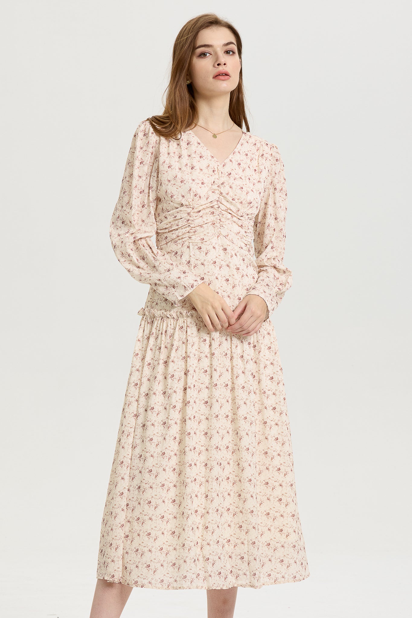 Blush Pink Floral Midi Dress with Long Sleeves (2S-2M-2L)