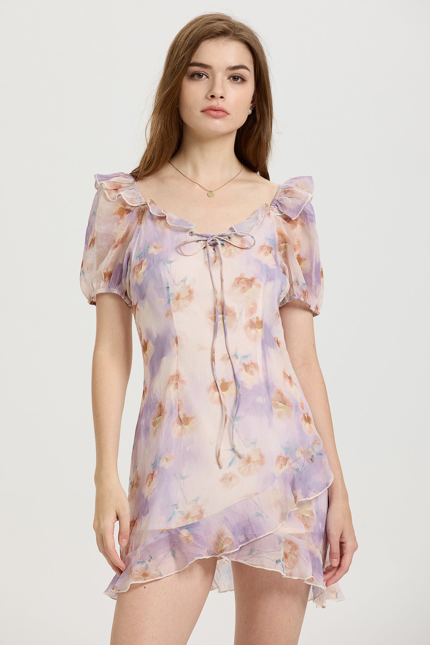 Lilac Floral Mini Dress with Ruffled Sleeves (2S-2M-2L)