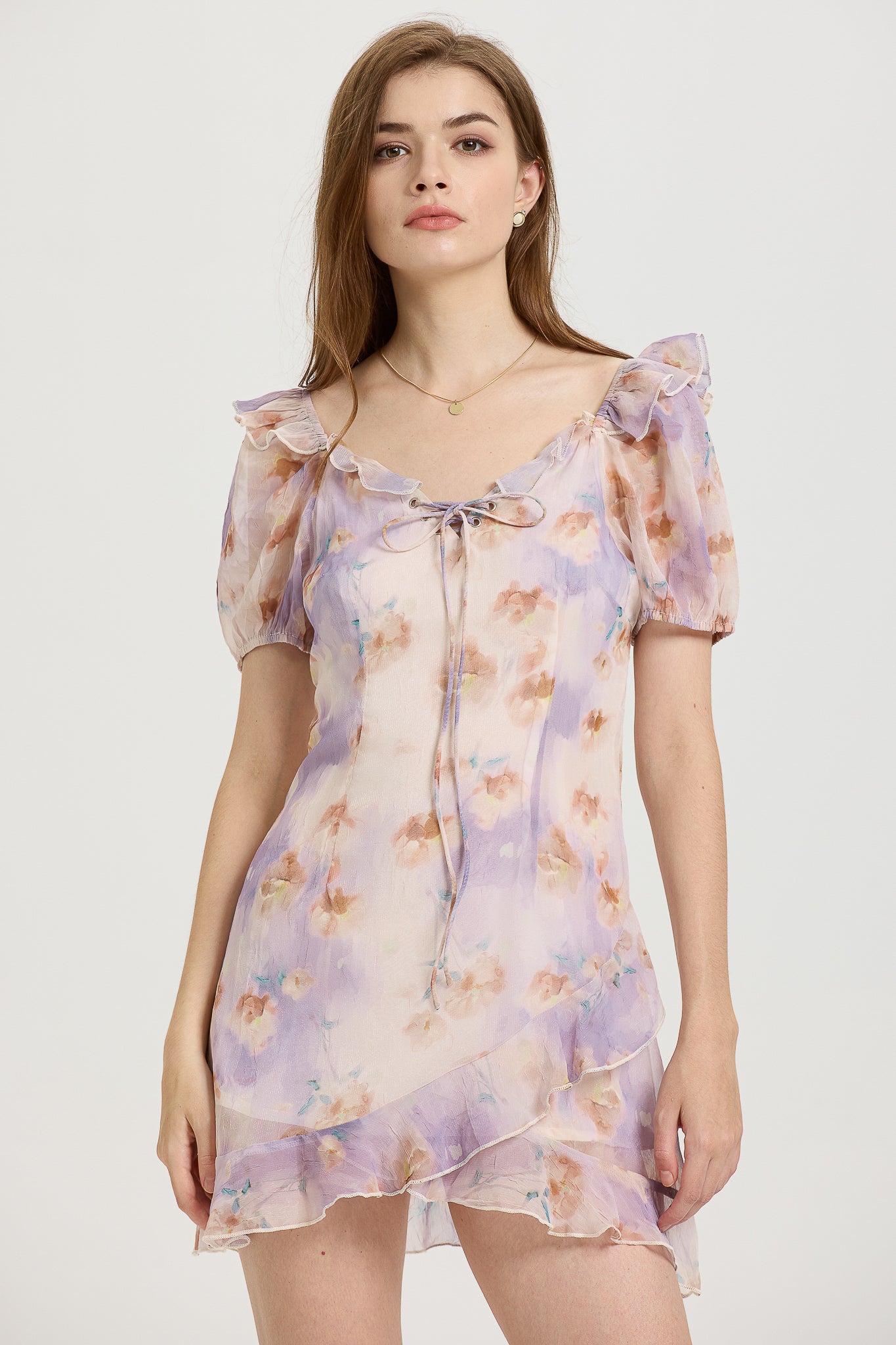 Lilac Floral Mini Dress with Ruffled Sleeves (2S-2M-2L)