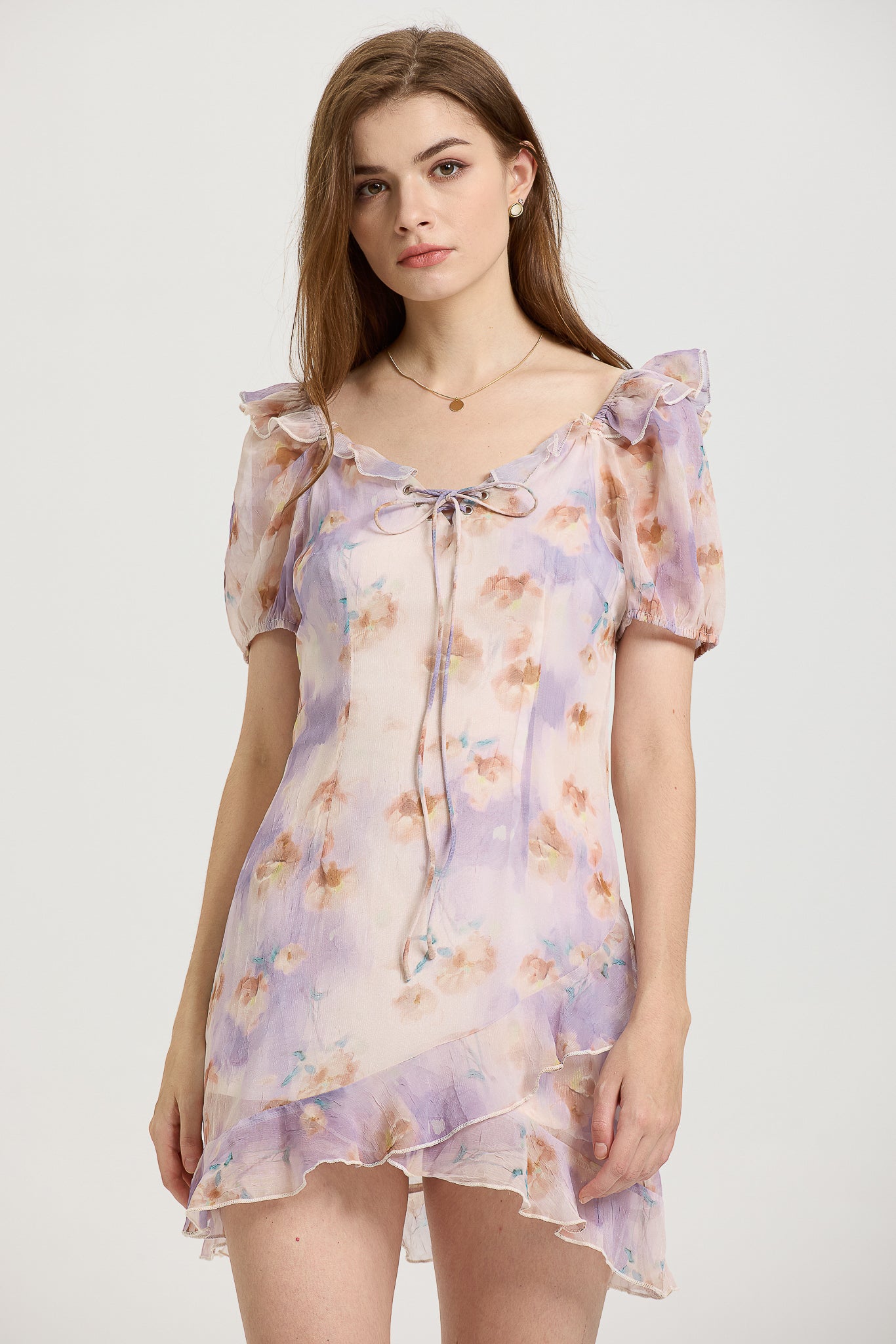 Lilac Floral Mini Dress with Ruffled Sleeves (2S-2M-2L)