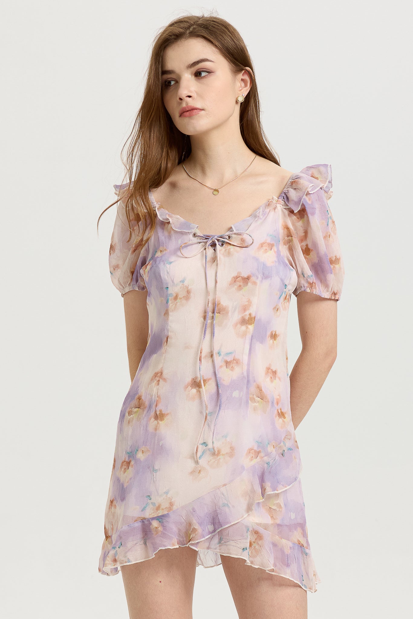 Lilac Floral Mini Dress with Ruffled Sleeves (2S-2M-2L)