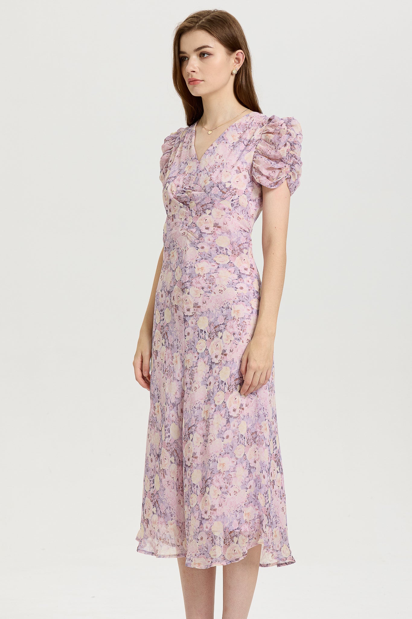 Lavender Floral Midi Dress with Puff Sleeves (2S-2M-2L)