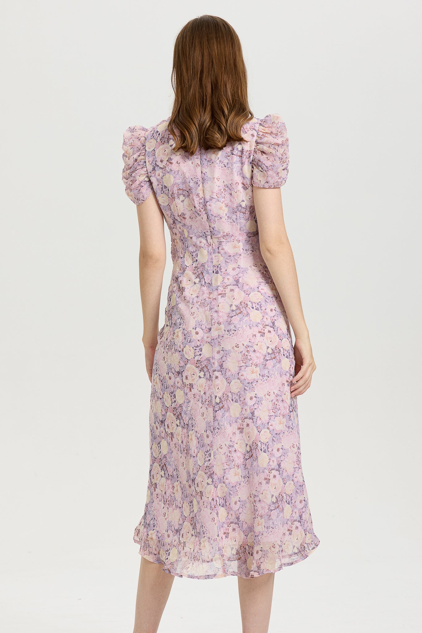 Lavender Floral Midi Dress with Puff Sleeves (2S-2M-2L)