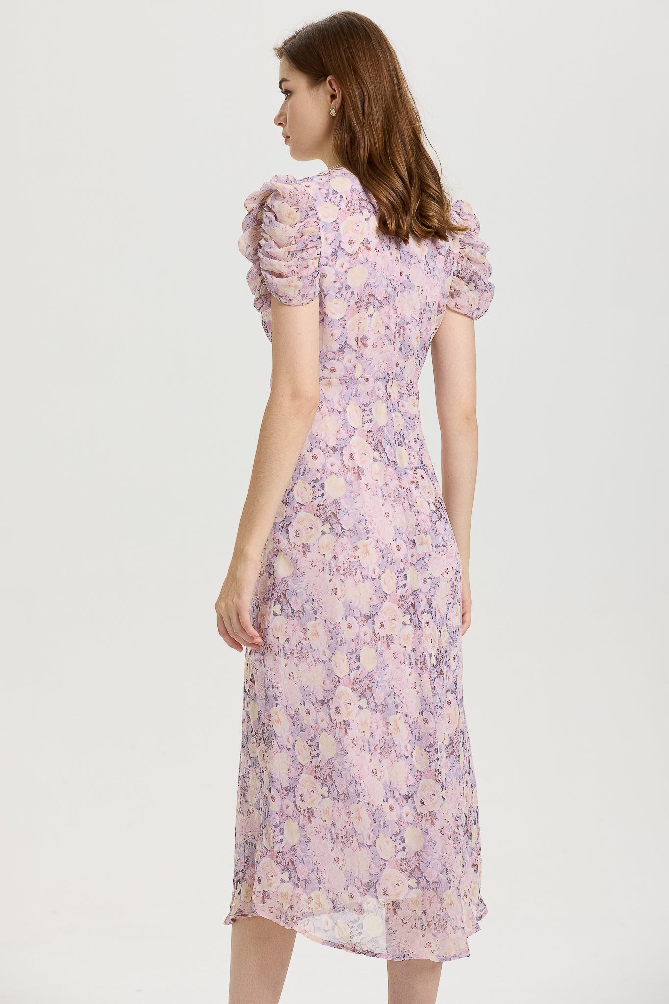 Lavender Floral Midi Dress with Puff Sleeves (2S-2M-2L)