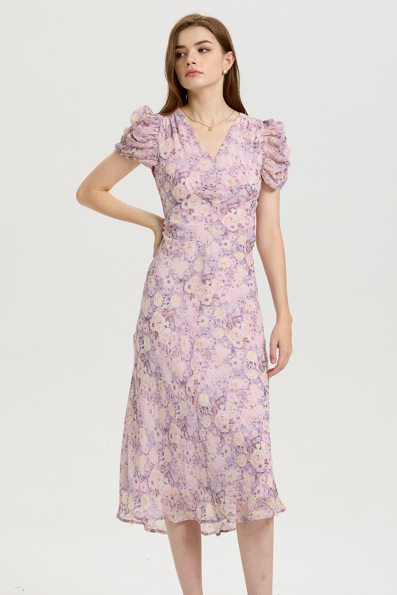 Lavender Floral Midi Dress with Puff Sleeves (2S-2M-2L)