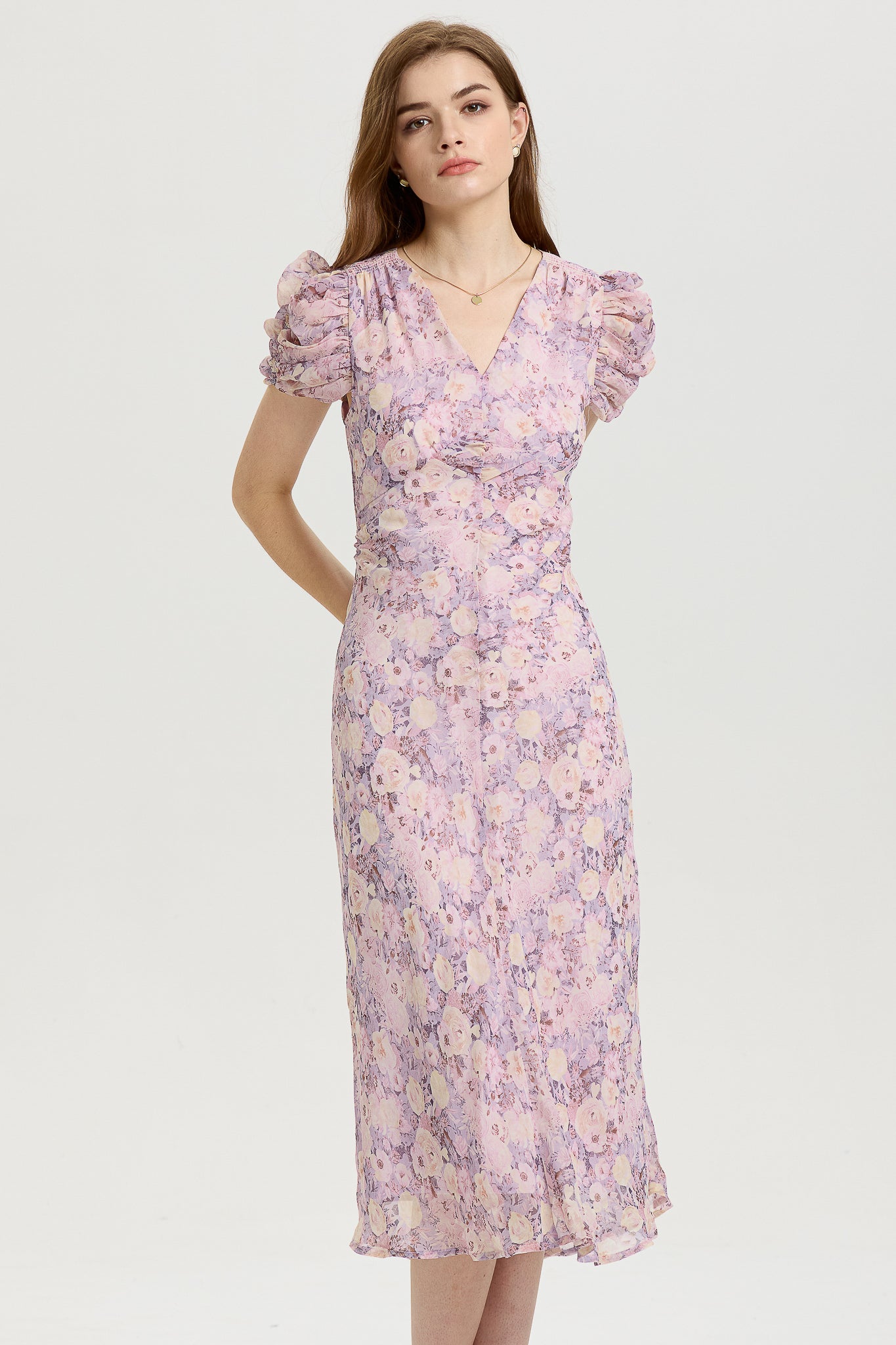 Lavender Floral Midi Dress with Puff Sleeves (2S-2M-2L)