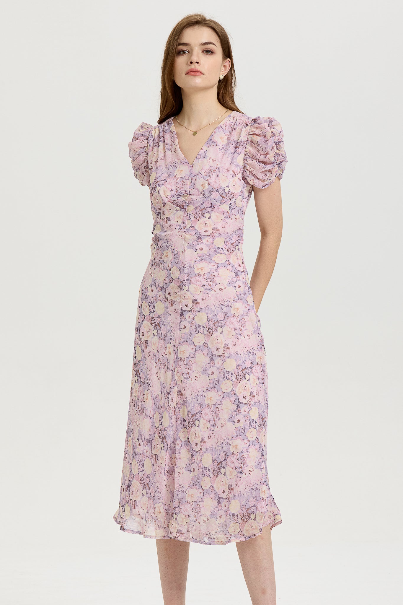 Lavender Floral Midi Dress with Puff Sleeves (2S-2M-2L)