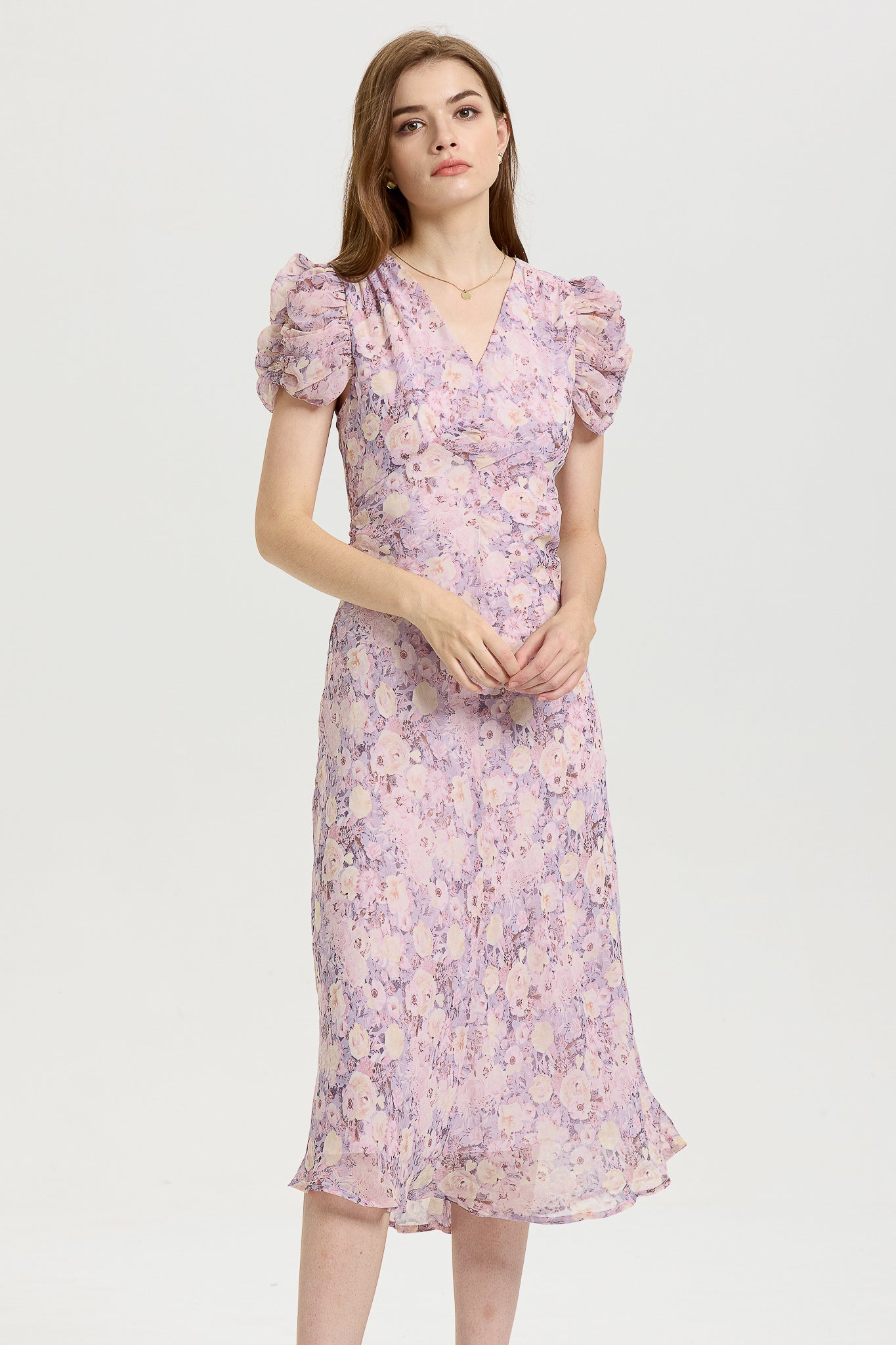 Lavender Floral Midi Dress with Puff Sleeves (2S-2M-2L)