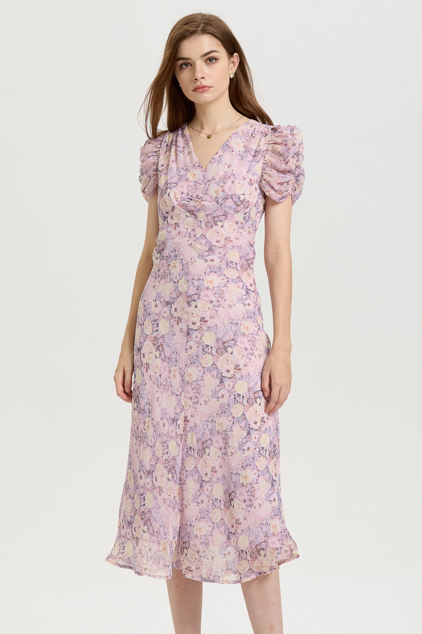 Lavender Floral Midi Dress with Puff Sleeves (2S-2M-2L)