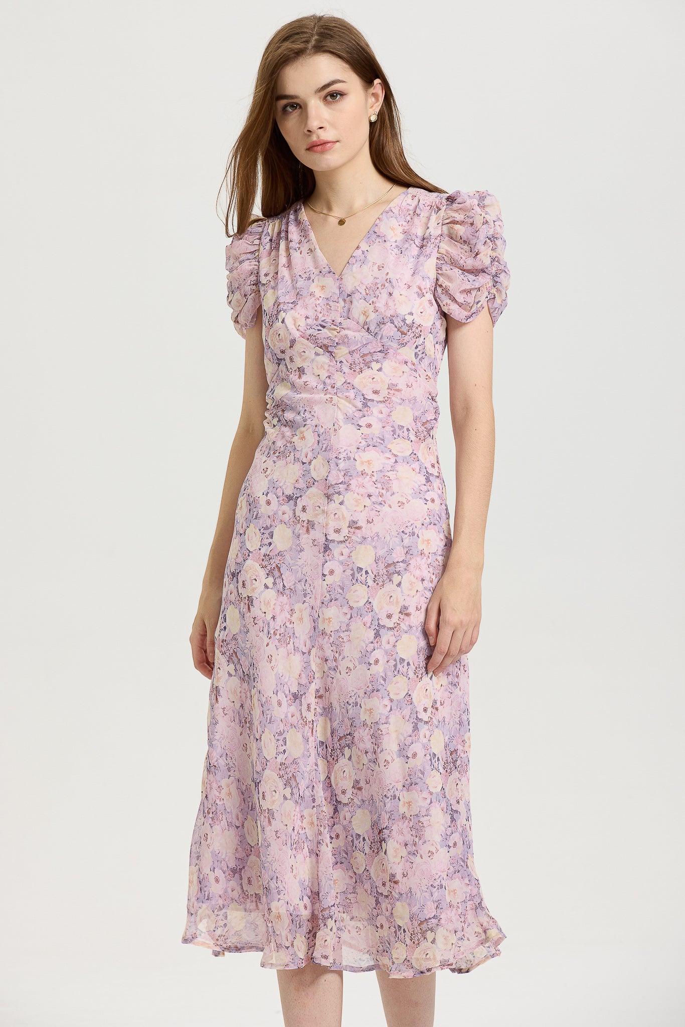 Lavender Floral Midi Dress with Puff Sleeves (2S-2M-2L)