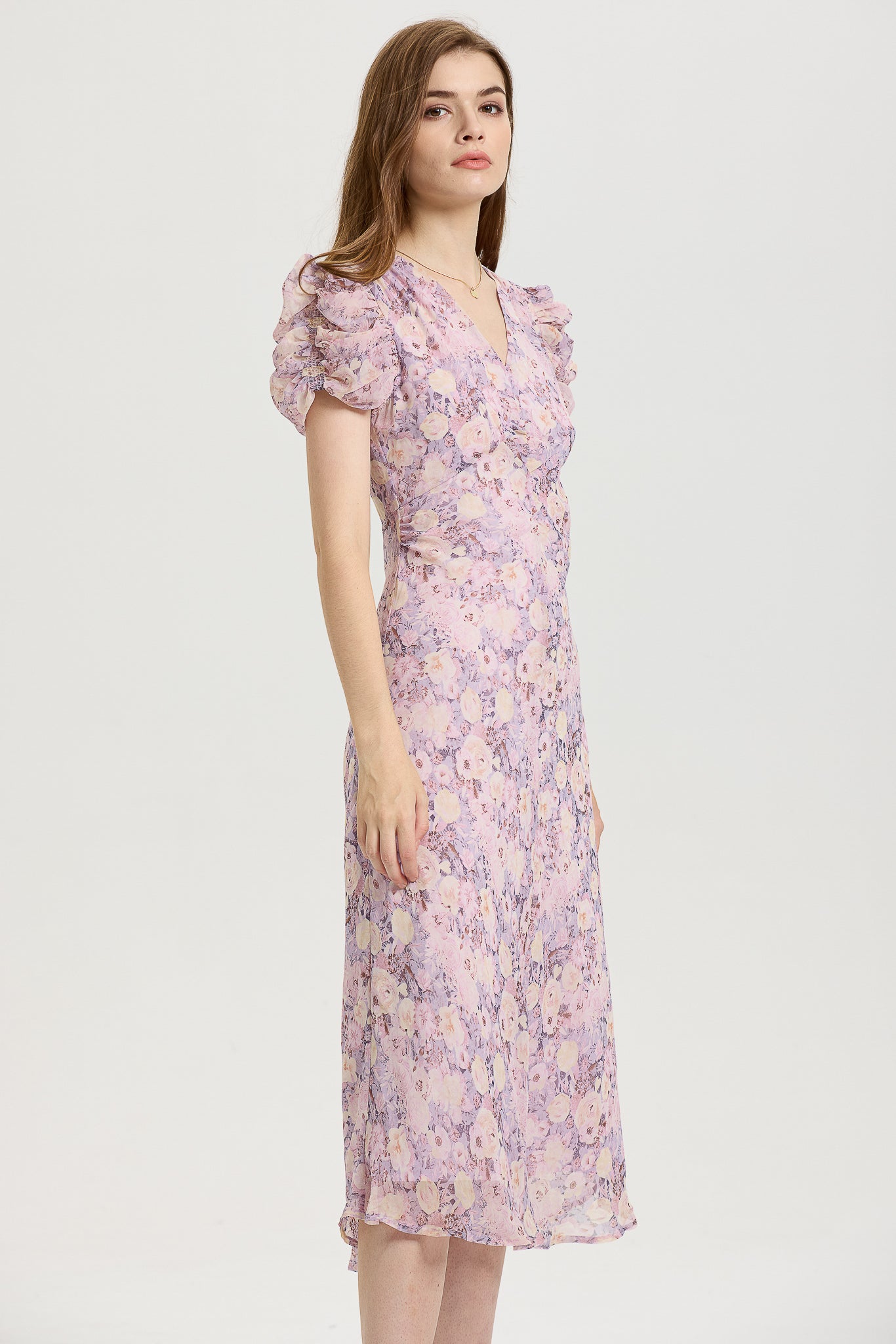 Lavender Floral Midi Dress with Puff Sleeves (2S-2M-2L)