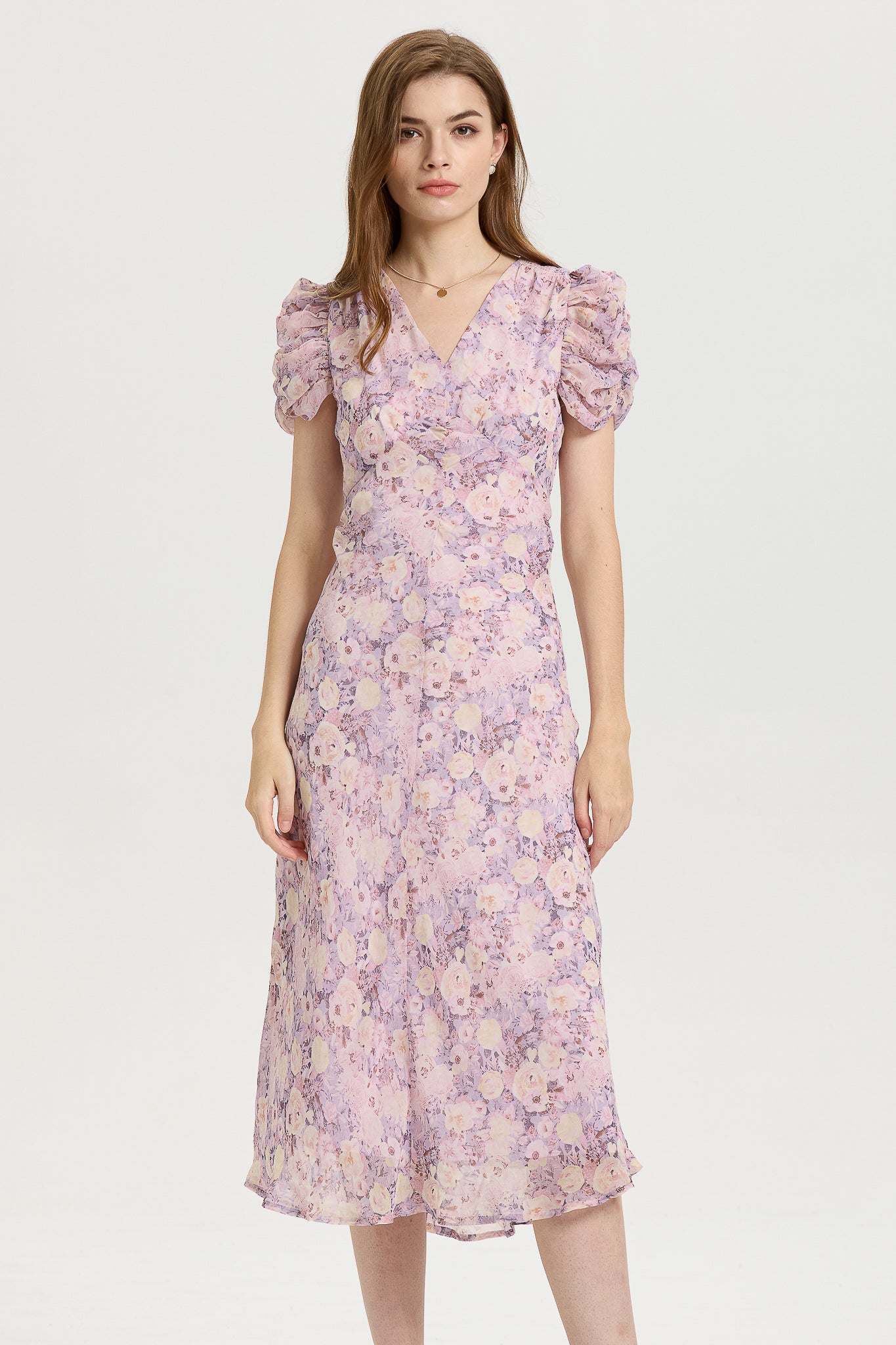 Lavender Floral Midi Dress with Puff Sleeves (2S-2M-2L)