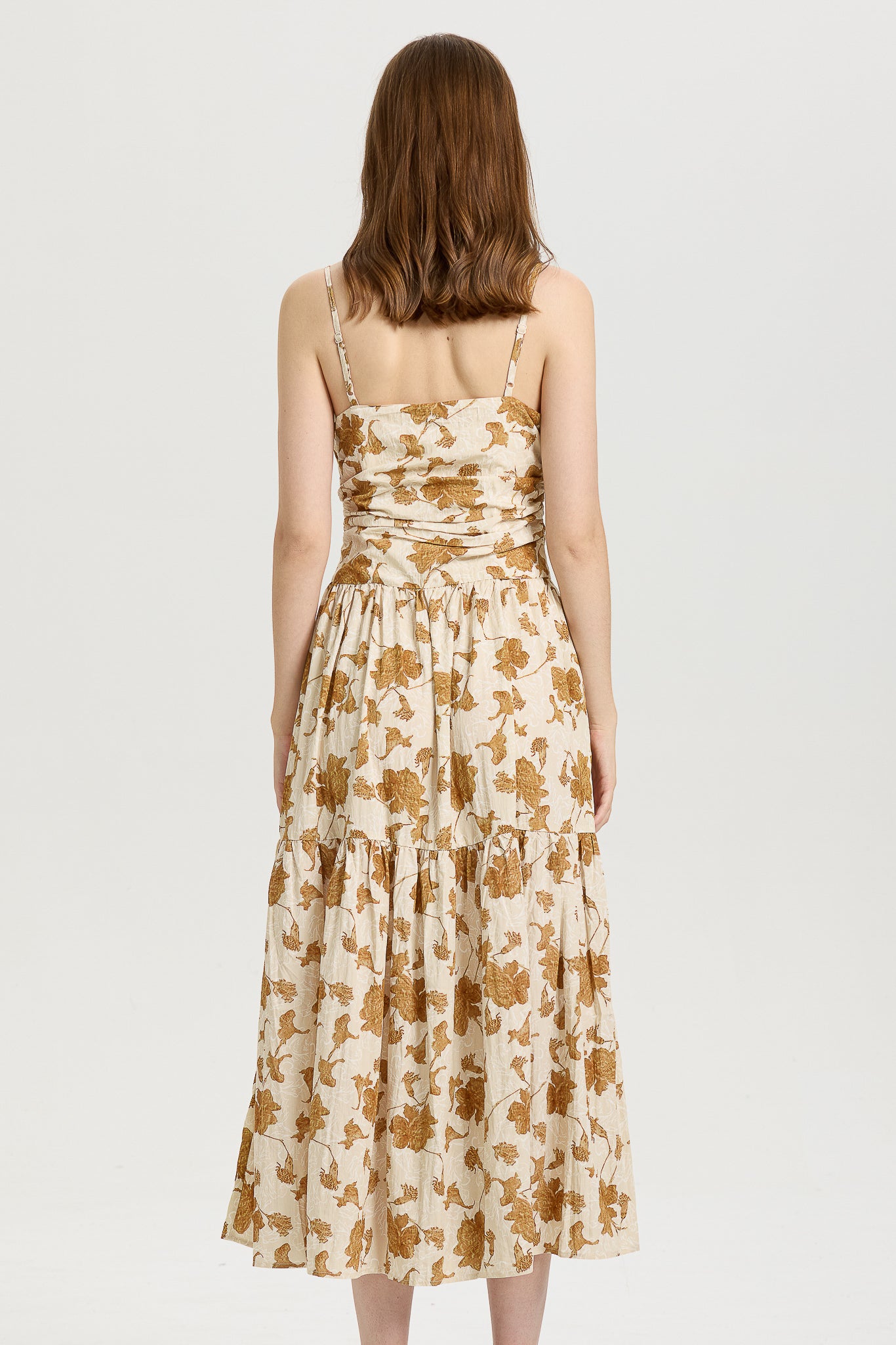 Golden Floral Print Tiered Midi Dress (2S-2M-2L)