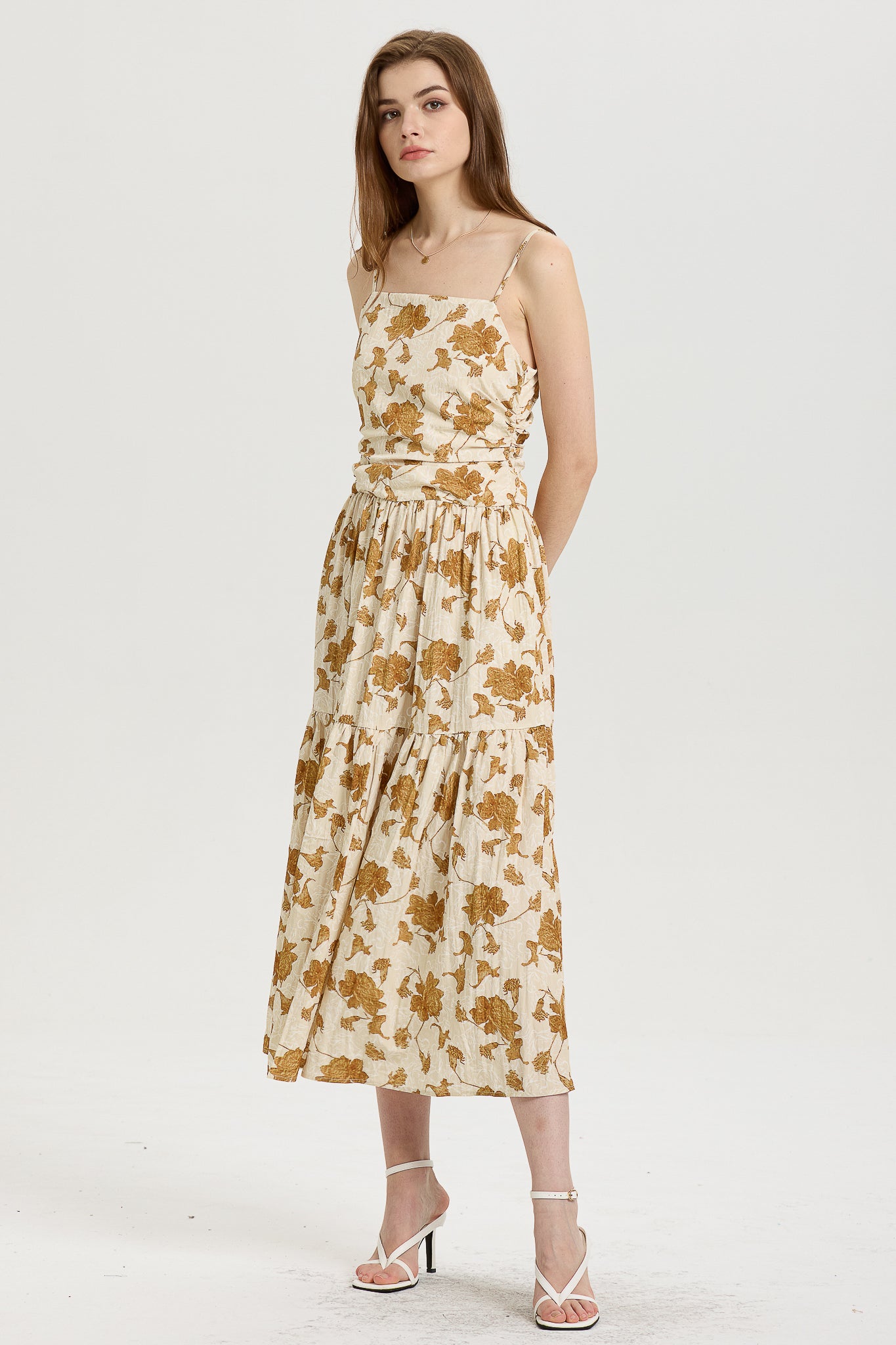 Golden Floral Print Tiered Midi Dress (2S-2M-2L)