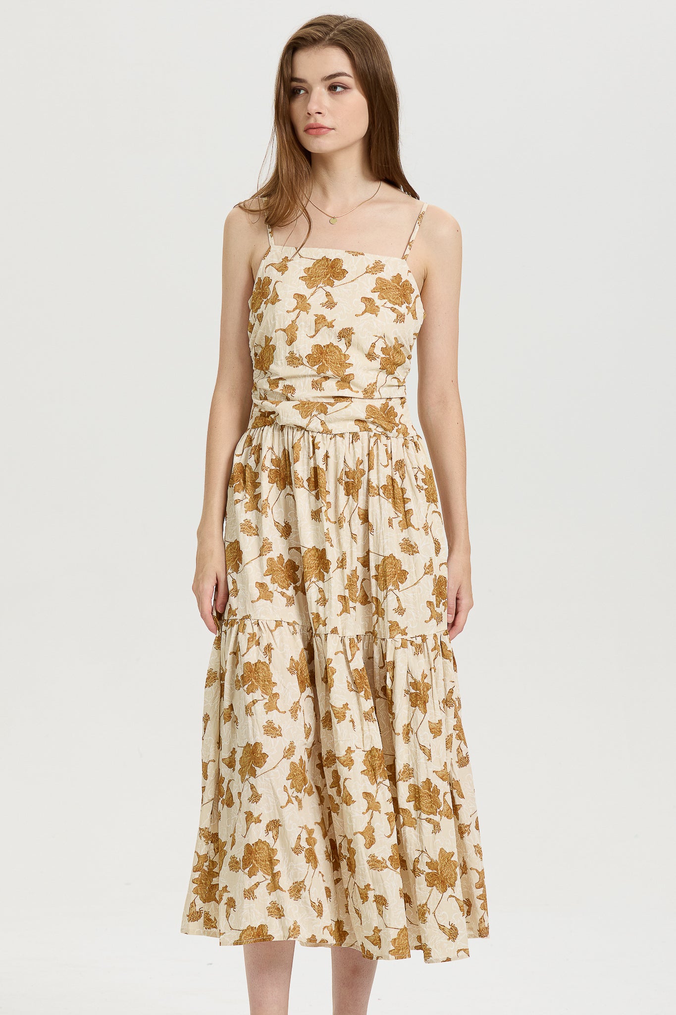 Golden Floral Print Tiered Midi Dress (2S-2M-2L)