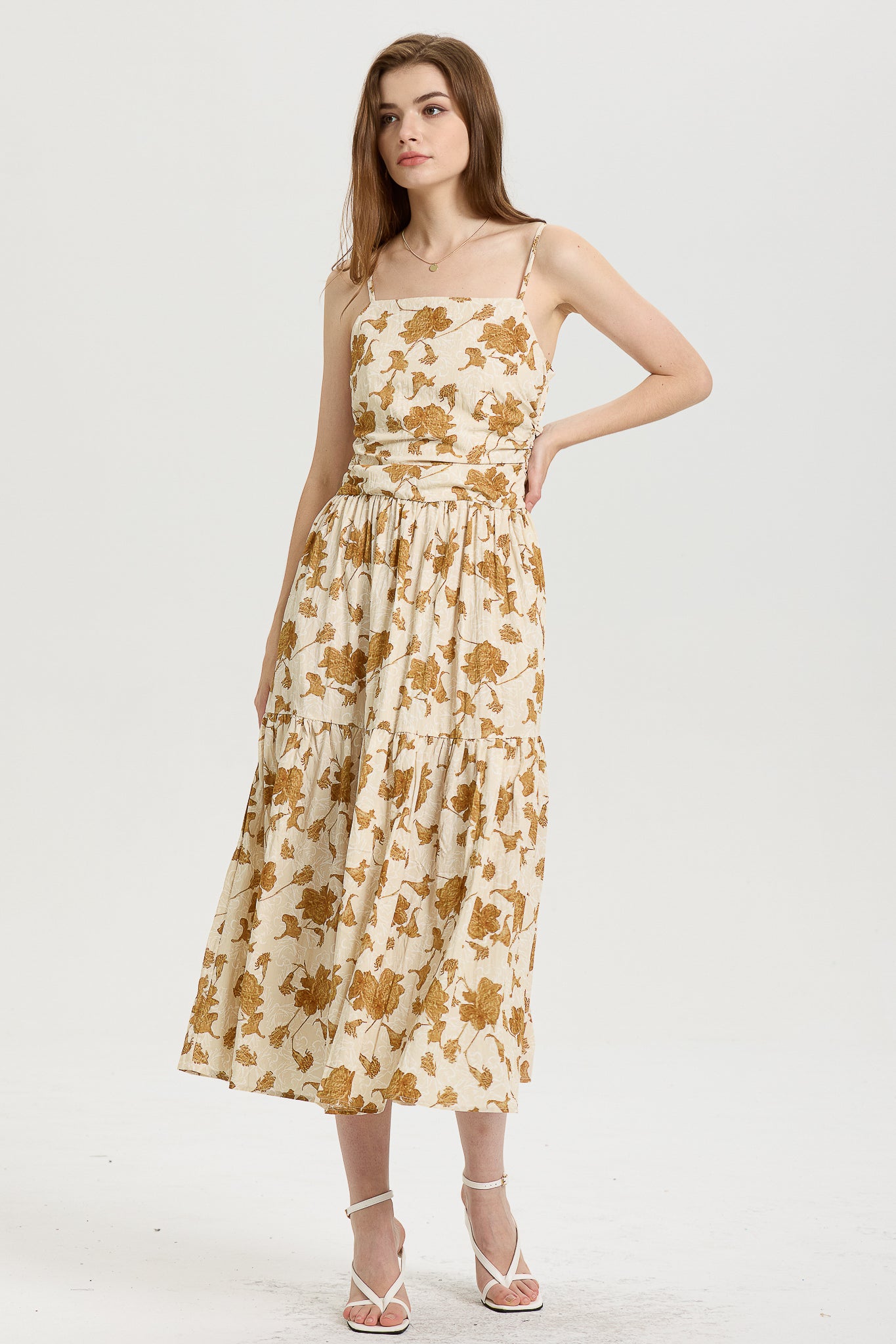 Golden Floral Print Tiered Midi Dress (2S-2M-2L)