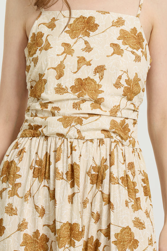 Golden Floral Print Tiered Midi Dress (2S-2M-2L)