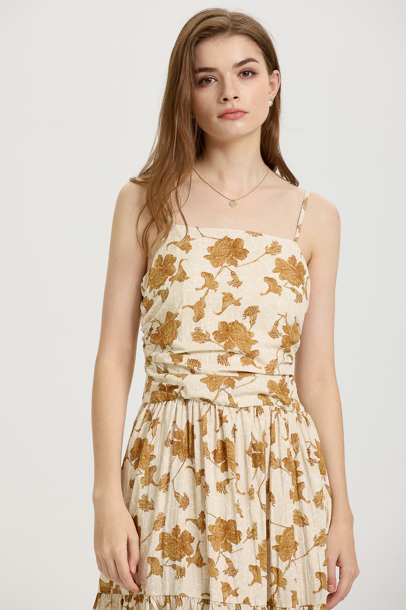 Golden Floral Print Tiered Midi Dress (2S-2M-2L)