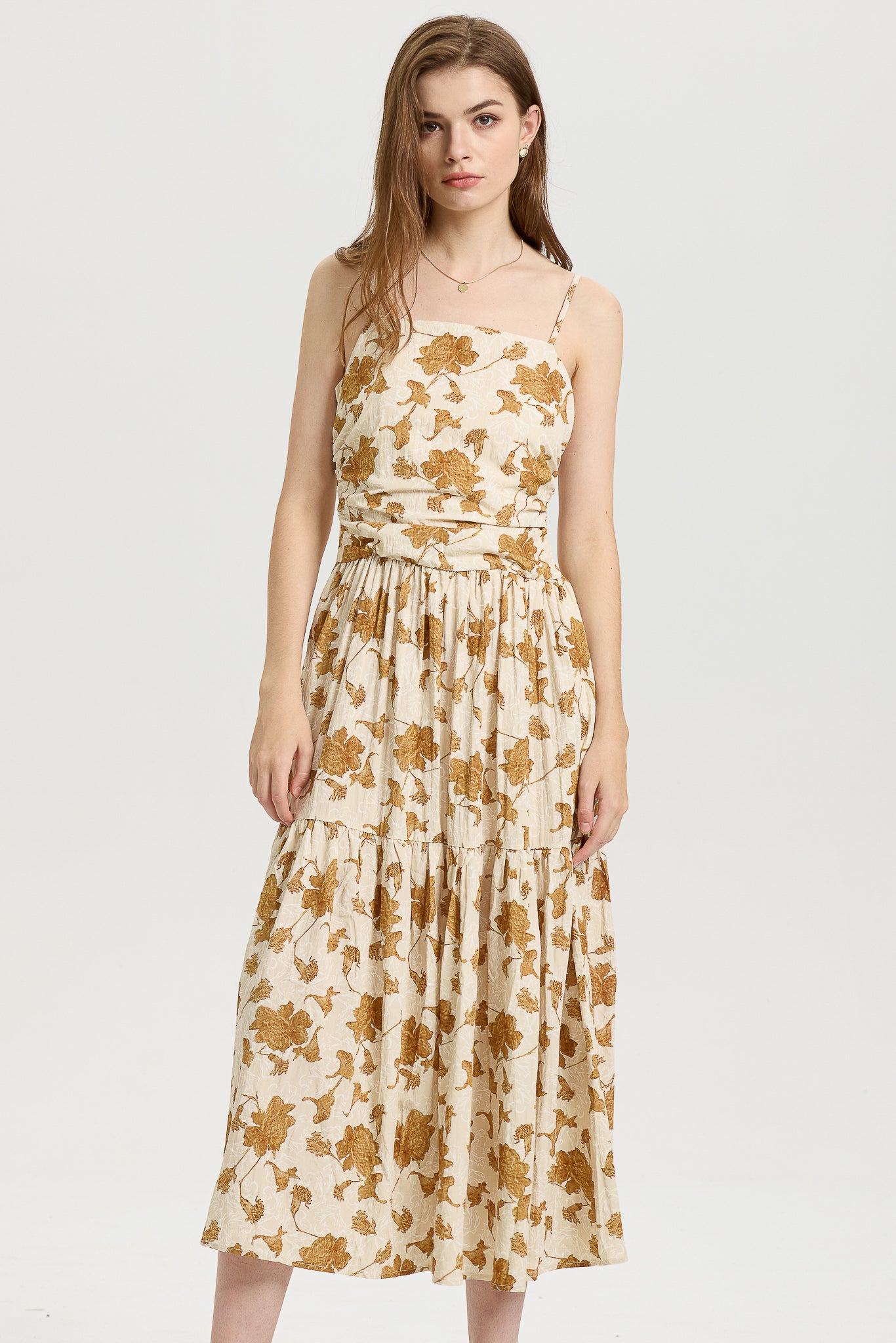 Golden Floral Print Tiered Midi Dress (2S-2M-2L)