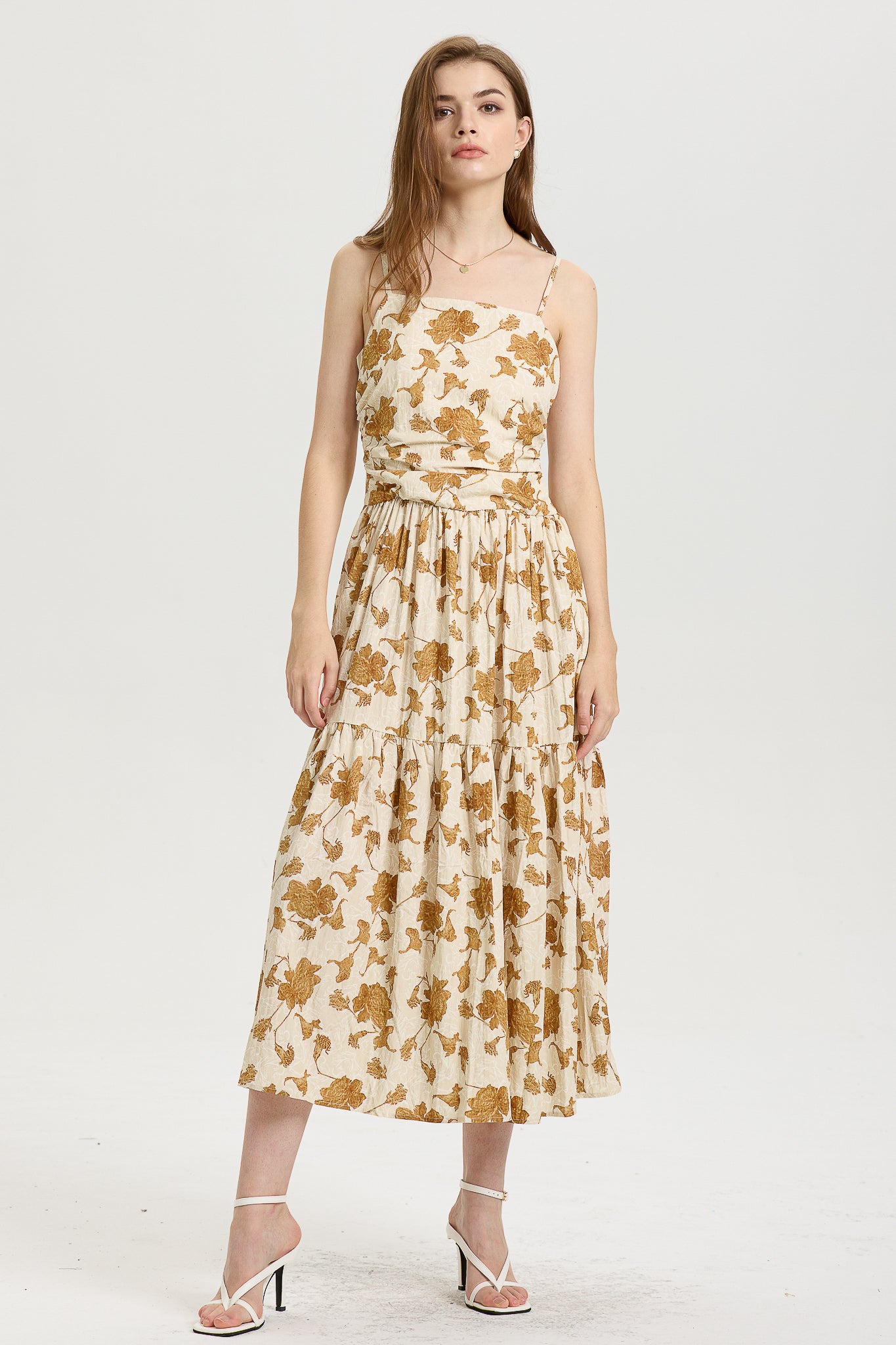 Golden Floral Print Tiered Midi Dress (2S-2M-2L)