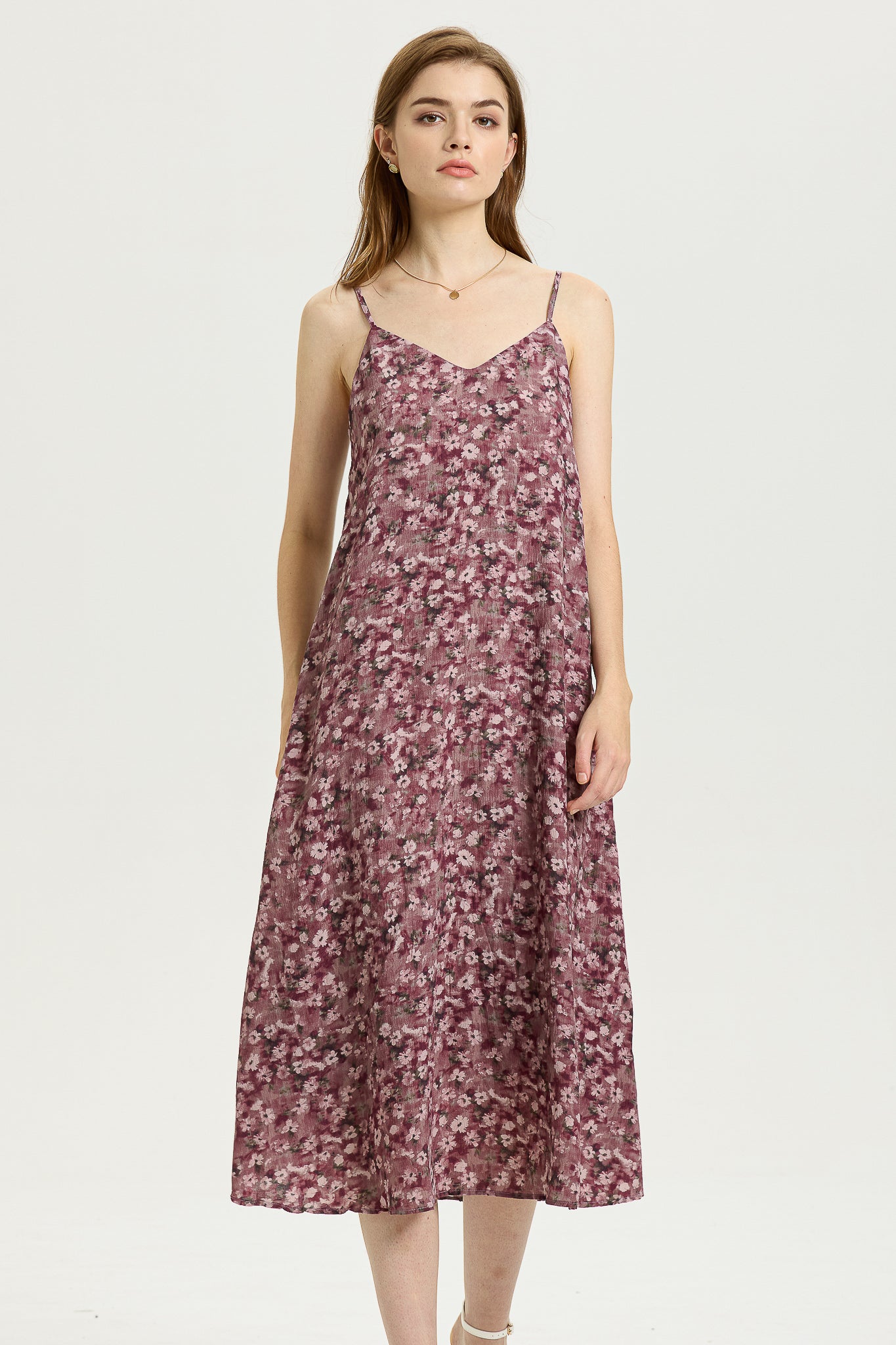 Mauve Floral Slip Dress with Spaghetti Straps (2S-2M-2L)