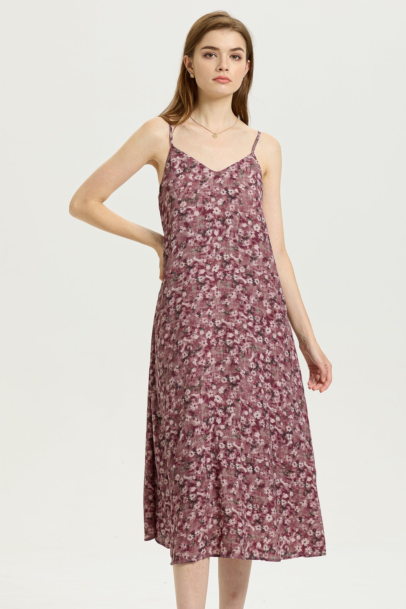 Mauve Floral Slip Dress with Spaghetti Straps (2S-2M-2L)