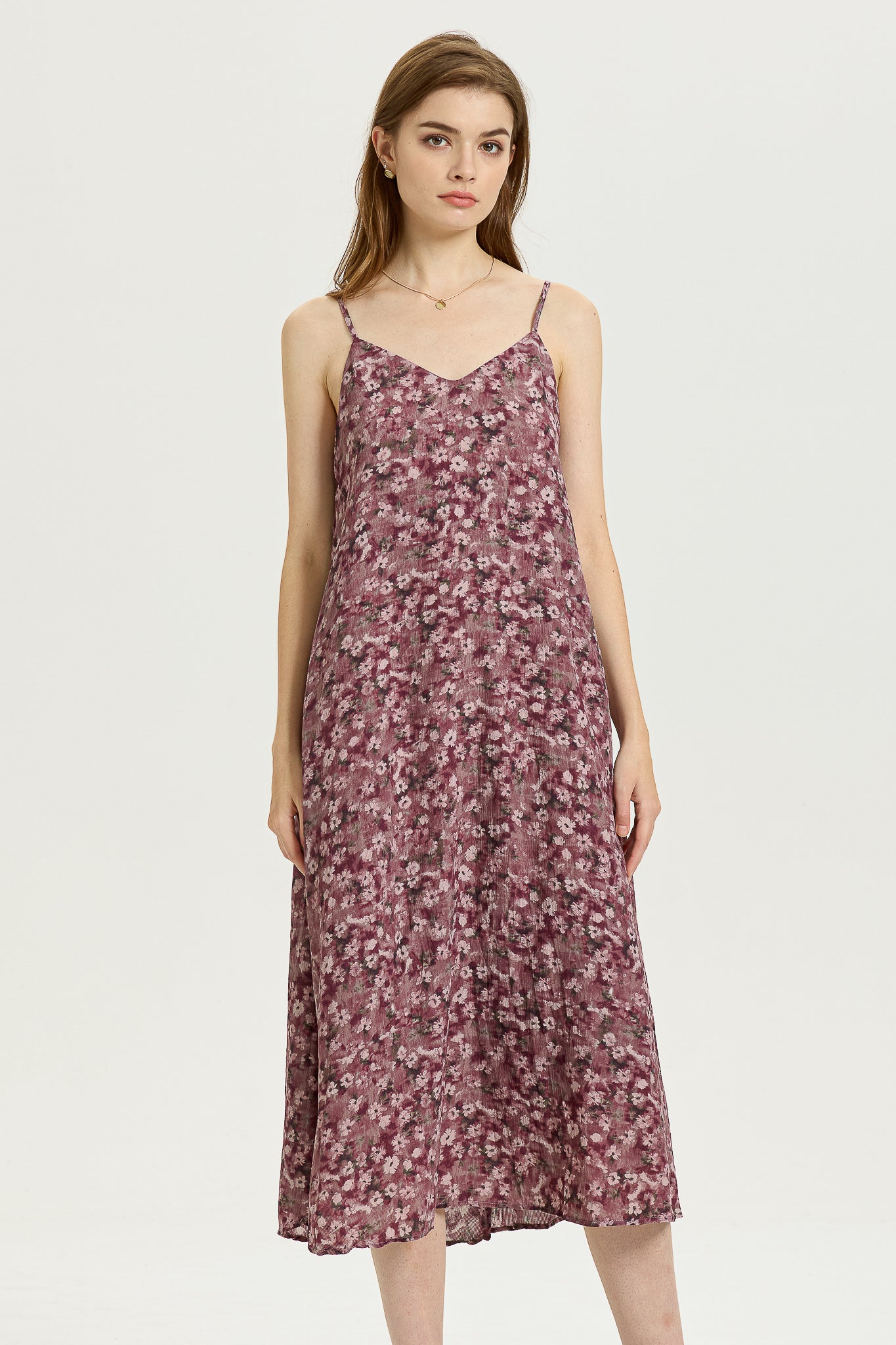 Mauve Floral Slip Dress with Spaghetti Straps (2S-2M-2L)