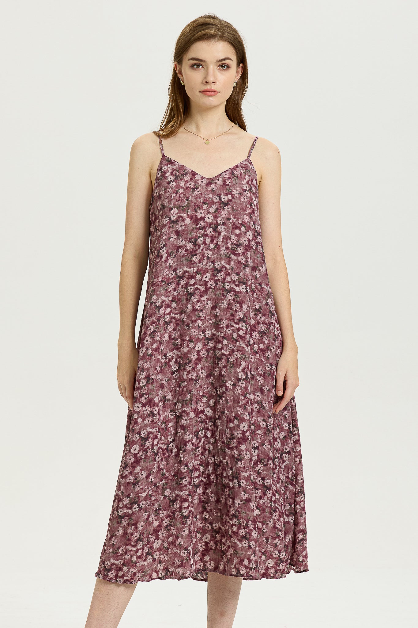 Mauve Floral Slip Dress with Spaghetti Straps (2S-2M-2L)