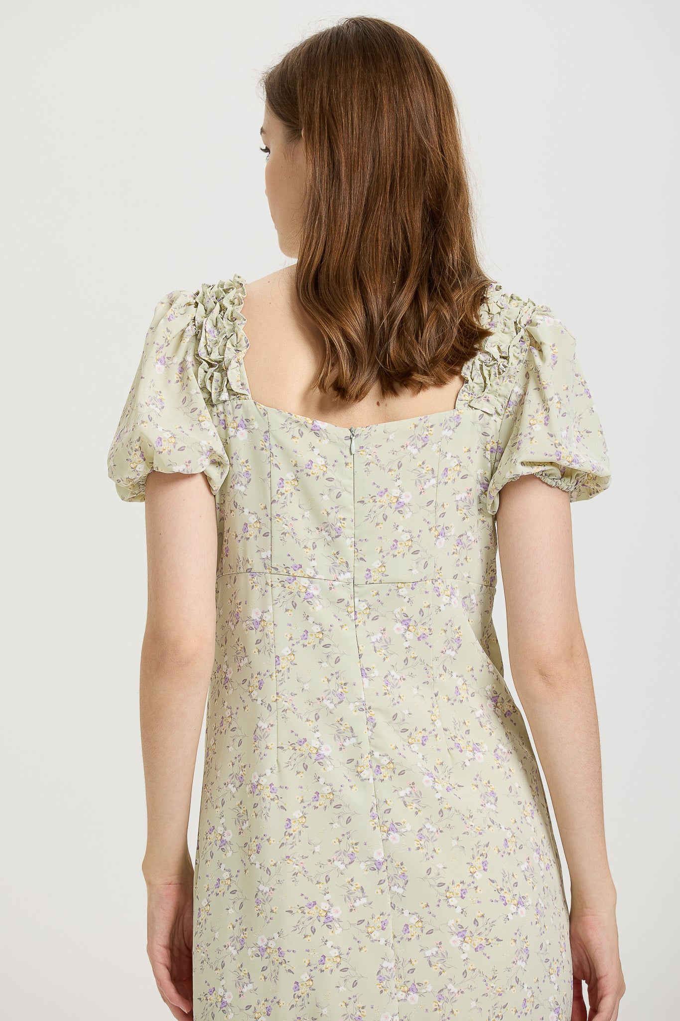 Sage Green Floral Midi Dress with Puff Sleeves (2S-2M-2L)