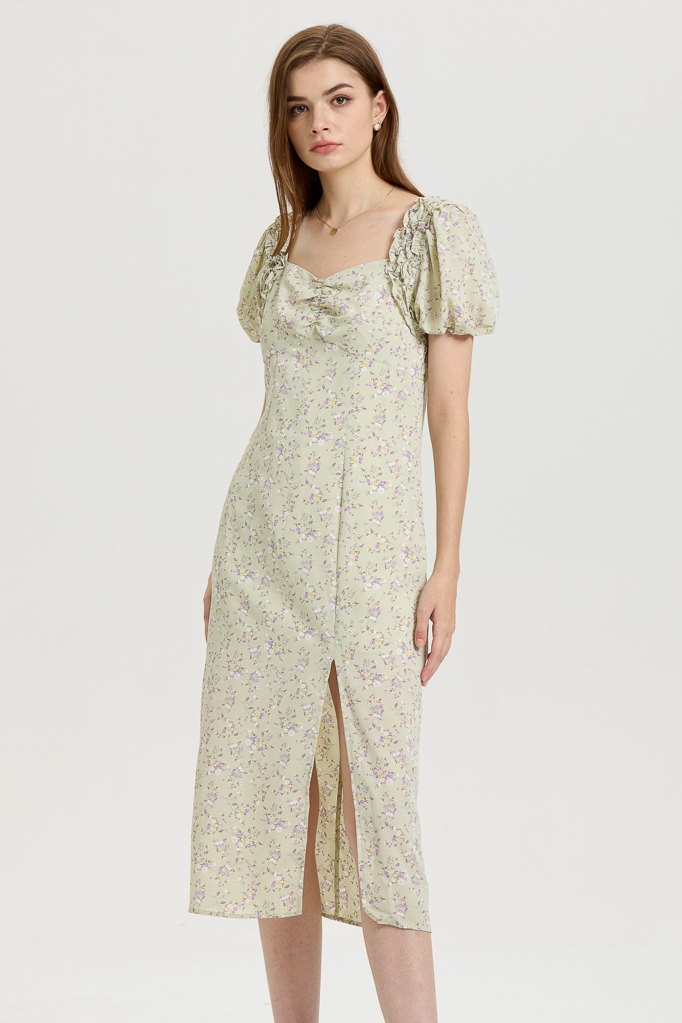 Sage Green Floral Midi Dress with Puff Sleeves (2S-2M-2L)