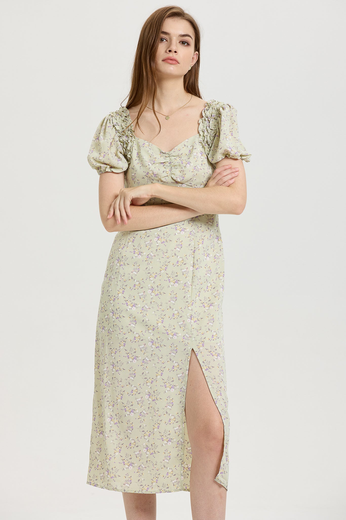 Sage Green Floral Midi Dress with Puff Sleeves (2S-2M-2L)