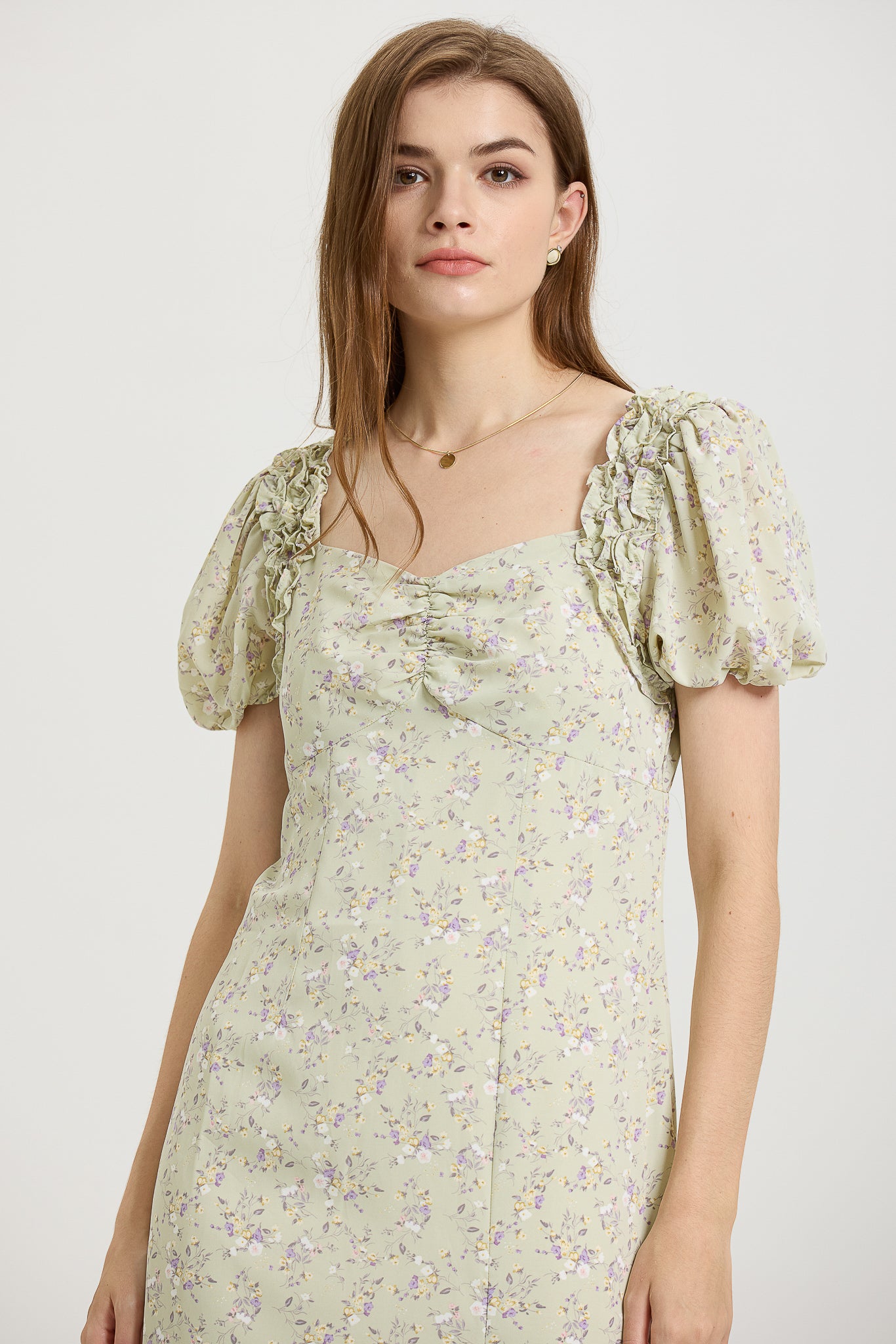 Sage Green Floral Midi Dress with Puff Sleeves (2S-2M-2L)