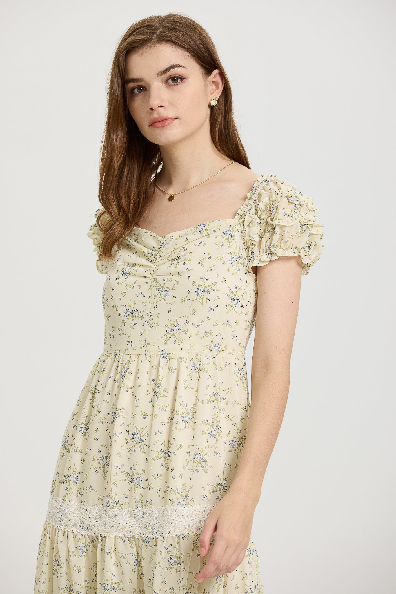 Ruffle-Sleeve Floral Midi Dress with Lace Details (2S-2M-2L)