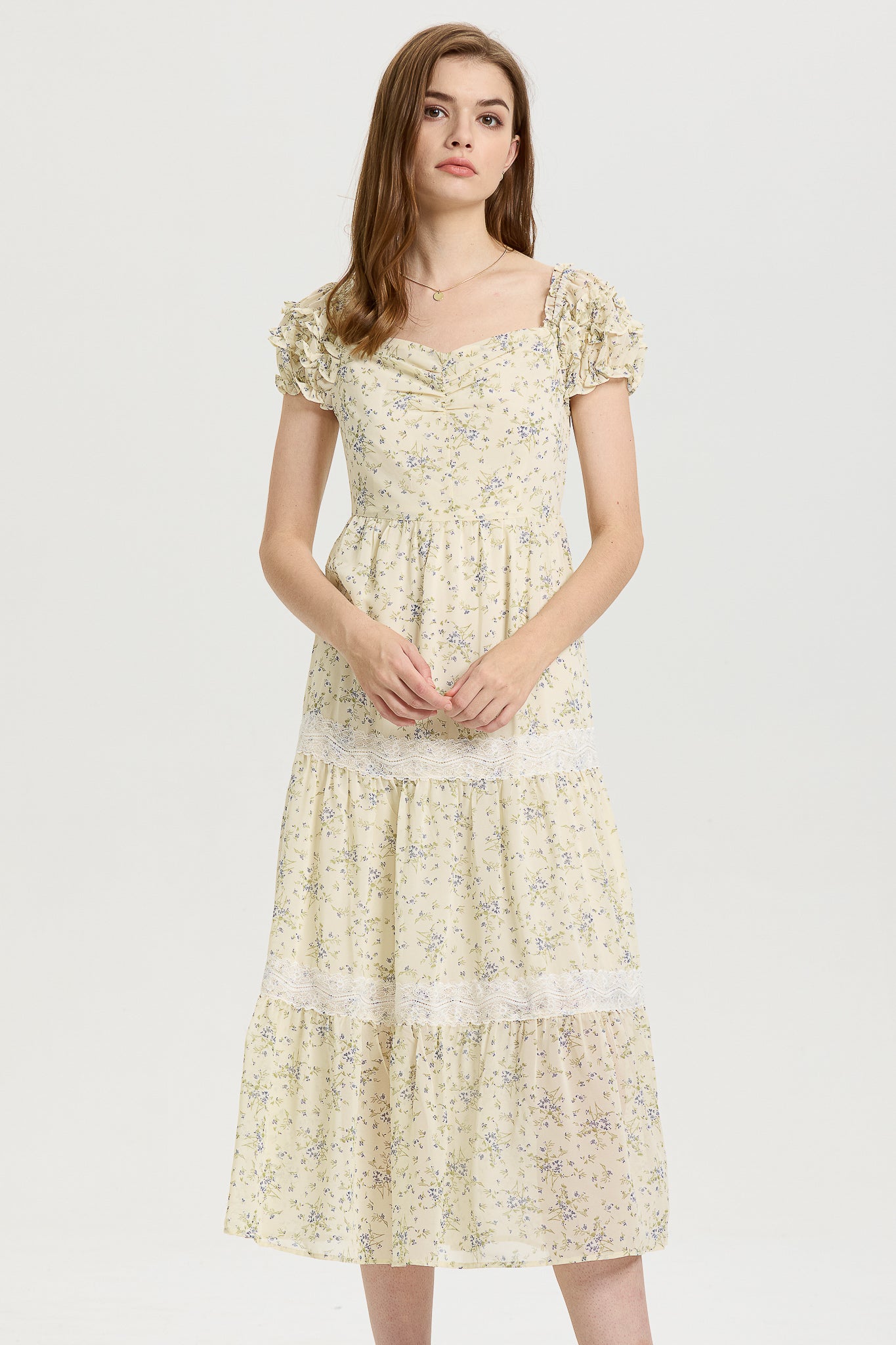 Ruffle-Sleeve Floral Midi Dress with Lace Details (2S-2M-2L)