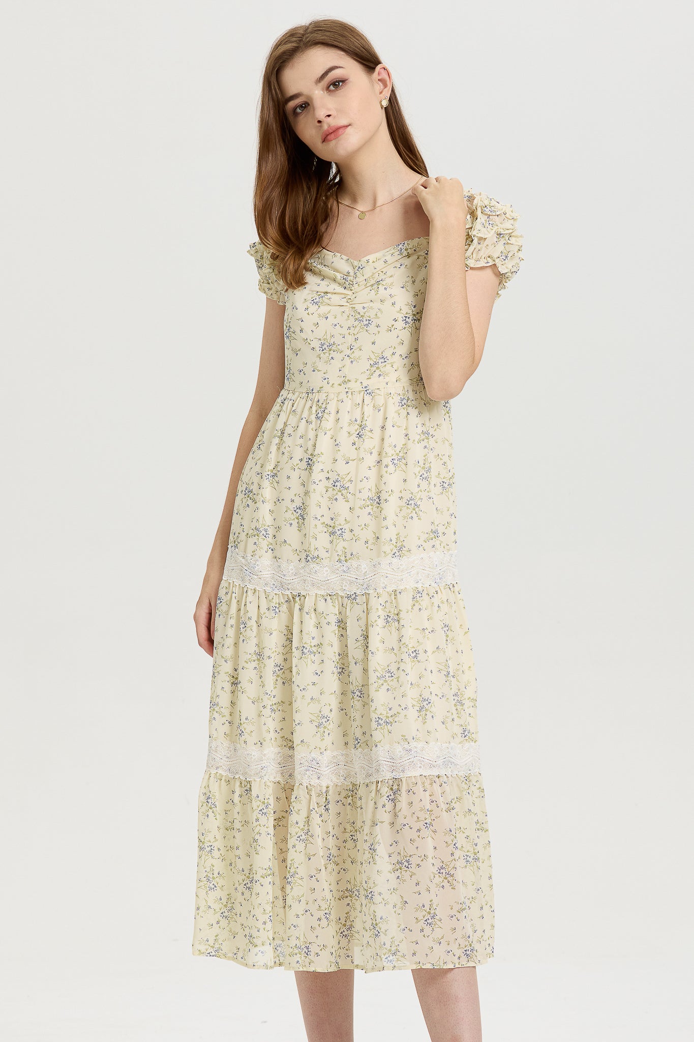 Ruffle-Sleeve Floral Midi Dress with Lace Details (2S-2M-2L)