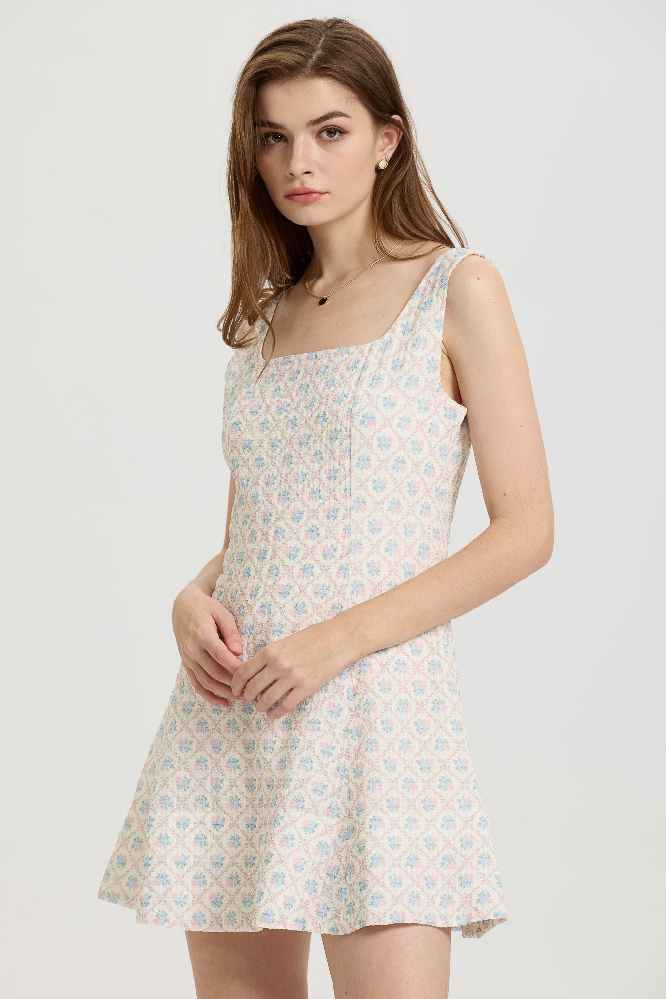 Sleeveless A-Line Mini Dress with Pastel Floral Print (2S-2M-2L)