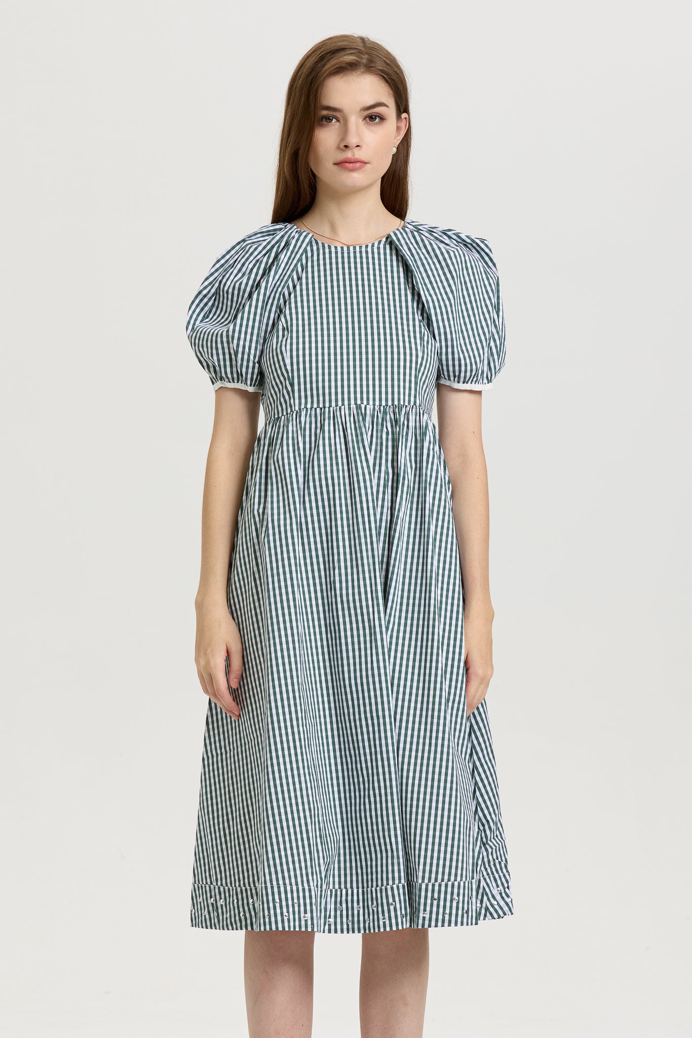 RP2648 - Gingham Puff Sleeve Midi Dress with Back-Tie (2S-2M-2L)