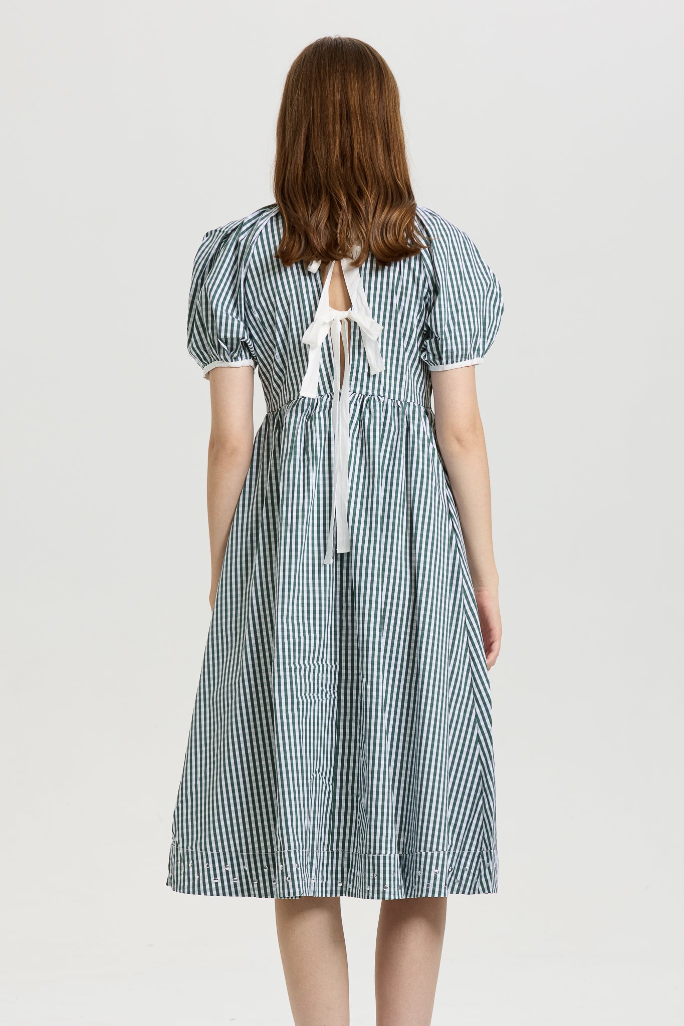 Gingham Puff Sleeve Midi Dress with Back-Tie (2S-2M-2L)