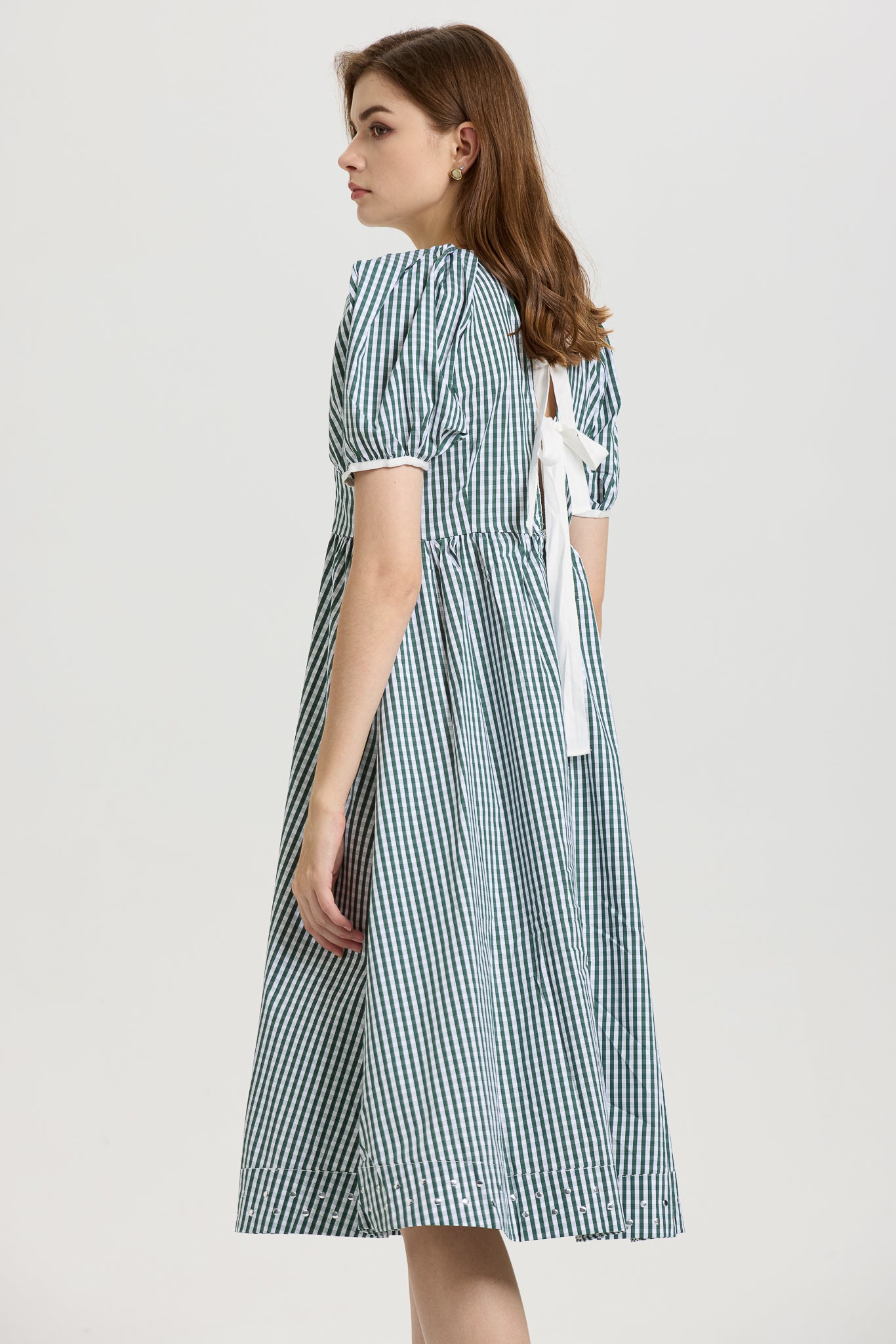 Gingham Puff Sleeve Midi Dress with Back-Tie (2S-2M-2L)