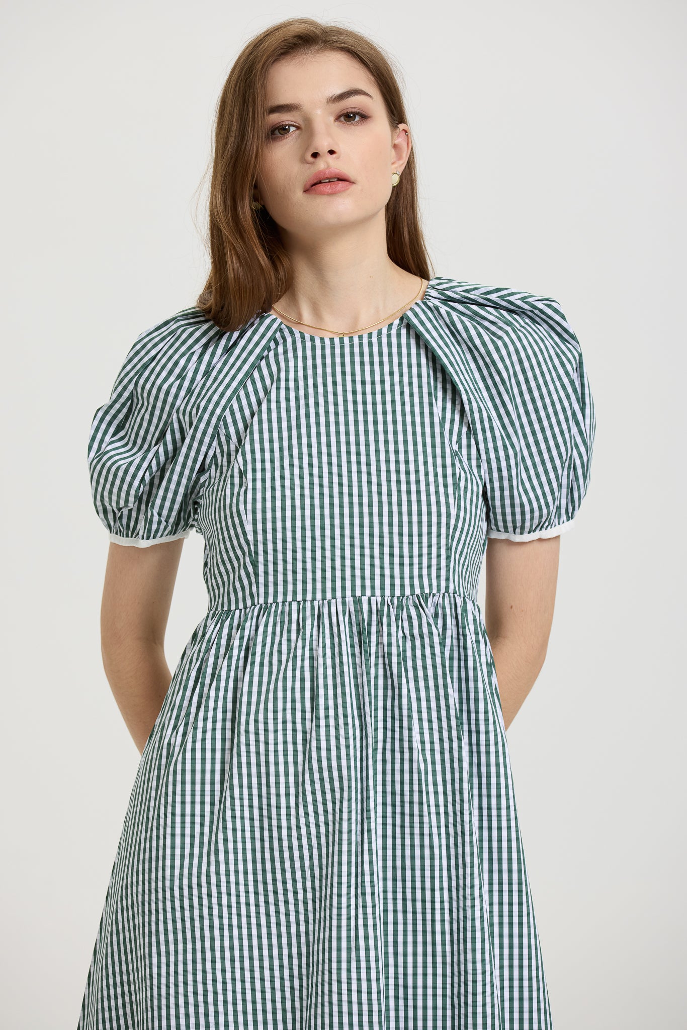 Gingham Puff Sleeve Midi Dress with Back-Tie (2S-2M-2L)