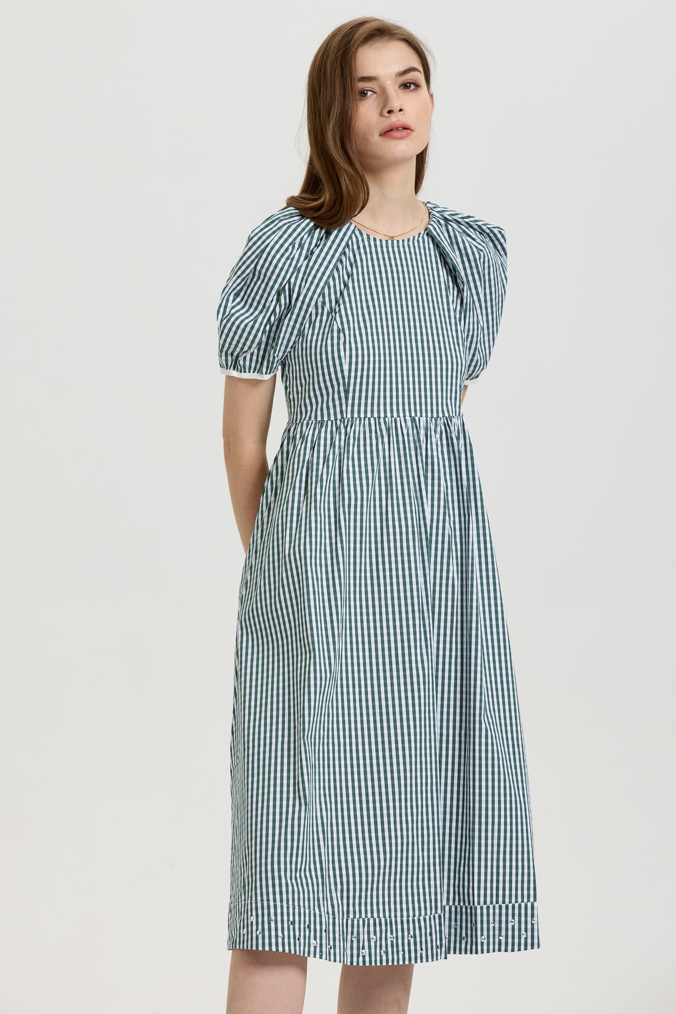 Gingham Puff Sleeve Midi Dress with Back-Tie (2S-2M-2L)