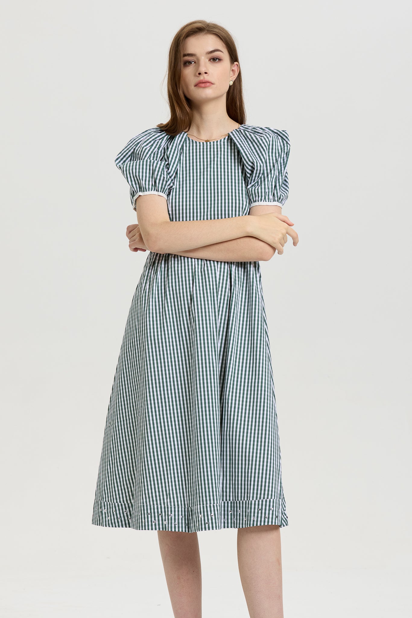 Gingham Puff Sleeve Midi Dress with Back-Tie (2S-2M-2L)