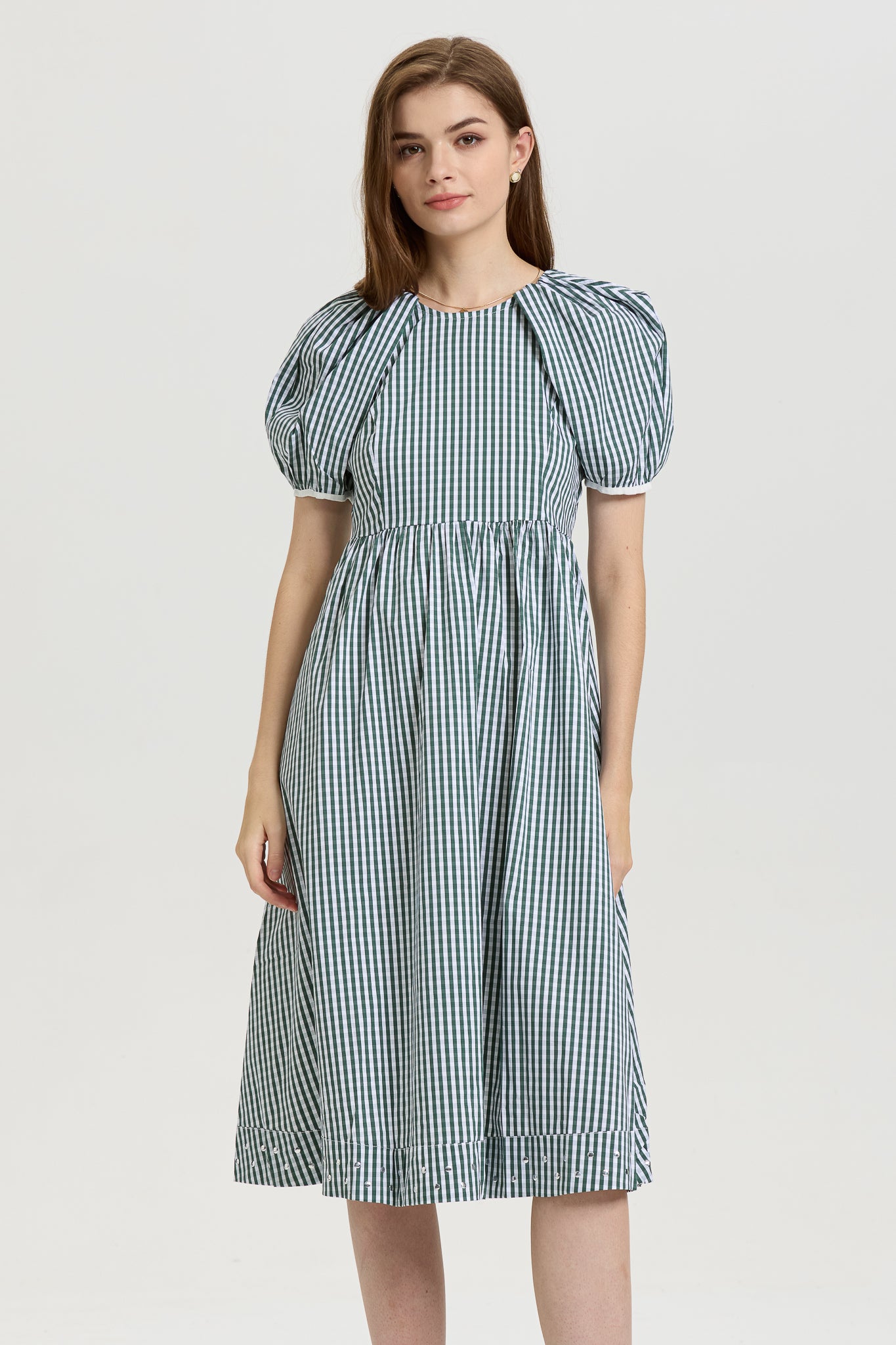 Gingham Puff Sleeve Midi Dress with Back-Tie (2S-2M-2L)