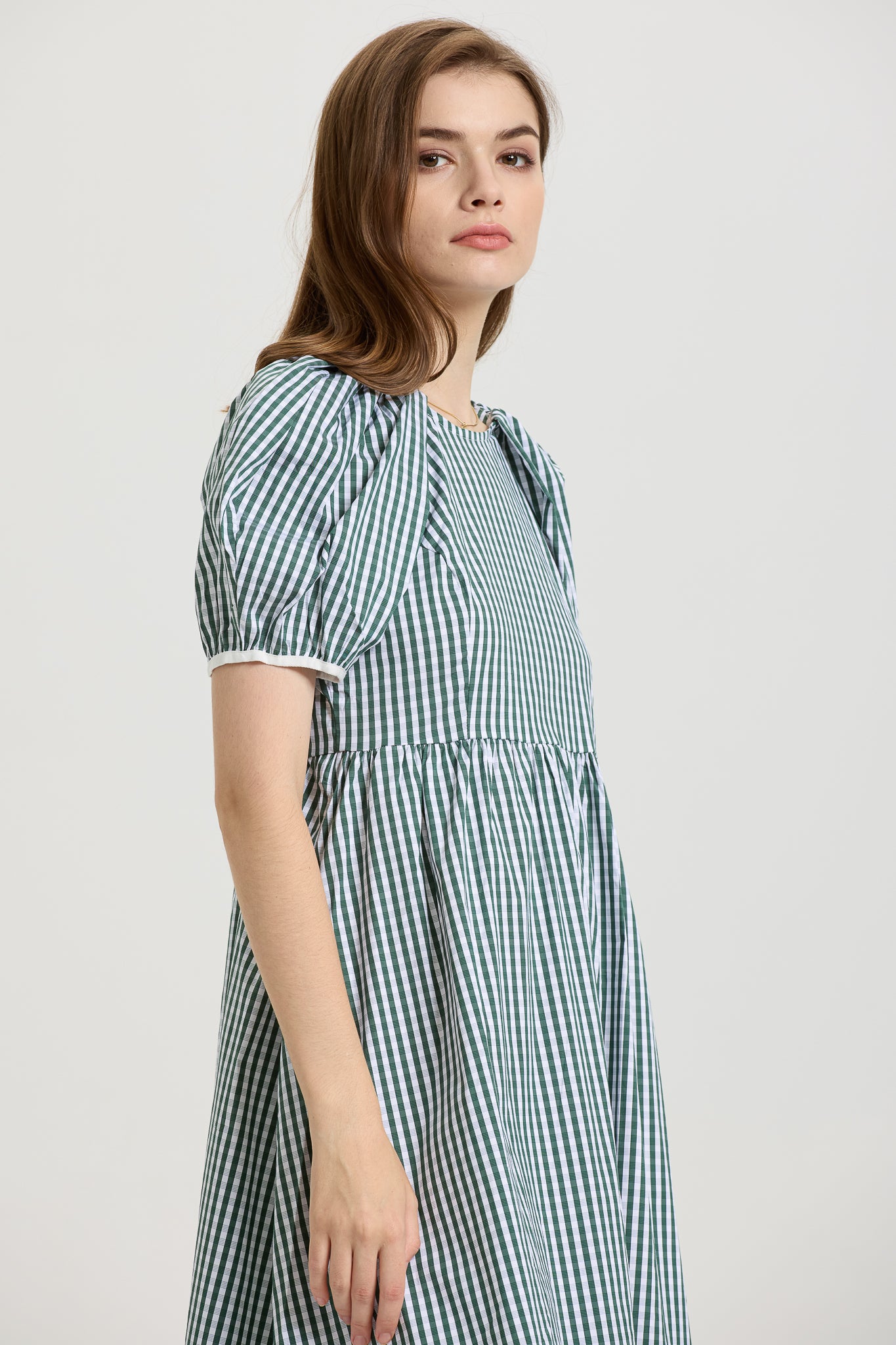 Gingham Puff Sleeve Midi Dress with Back-Tie (2S-2M-2L)