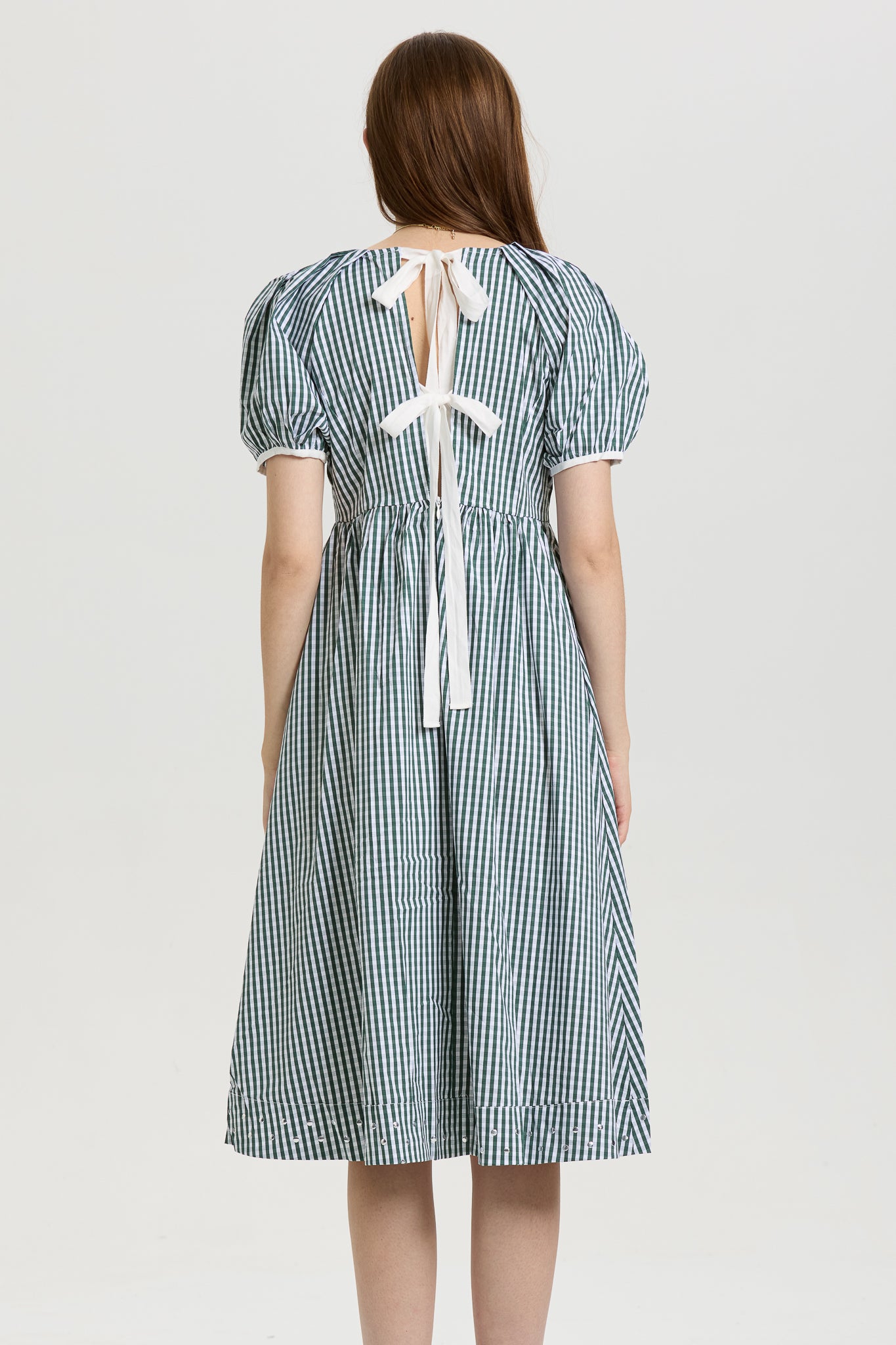 Gingham Puff Sleeve Midi Dress with Back-Tie (2S-2M-2L)