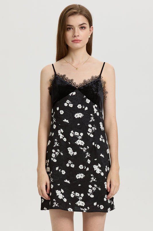 Black Floral Slip Dress with Lace Trim (2S-2M-2L)