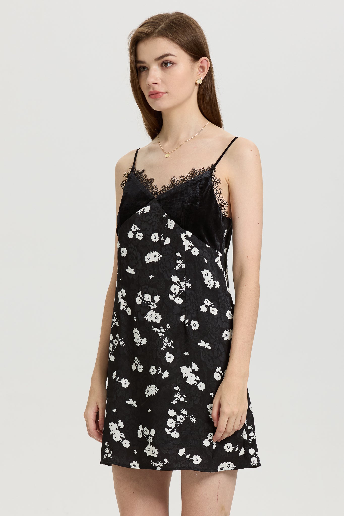 Black Floral Slip Dress with Lace Trim (2S-2M-2L)