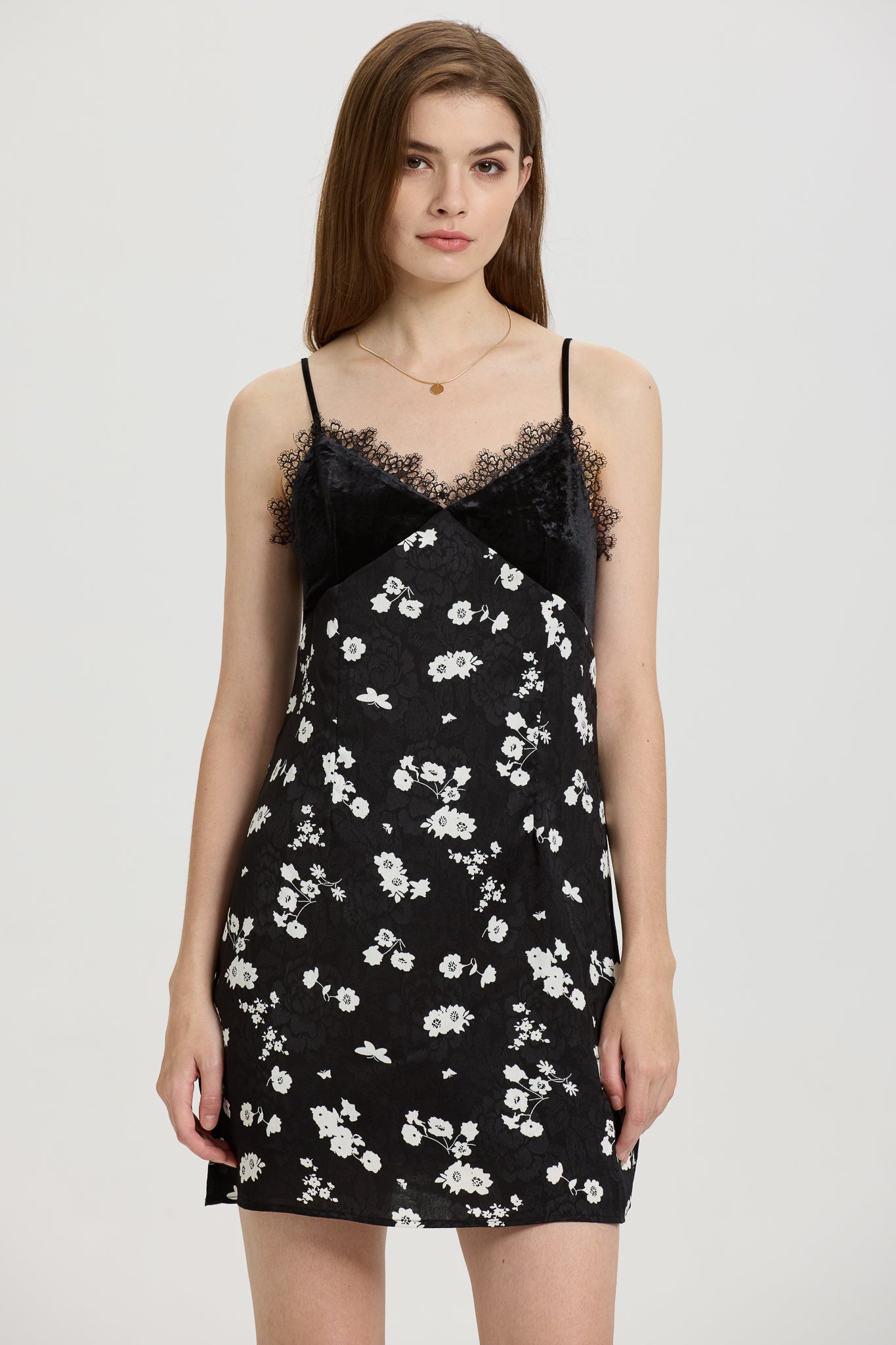 Black Floral Slip Dress with Lace Trim (2S-2M-2L)