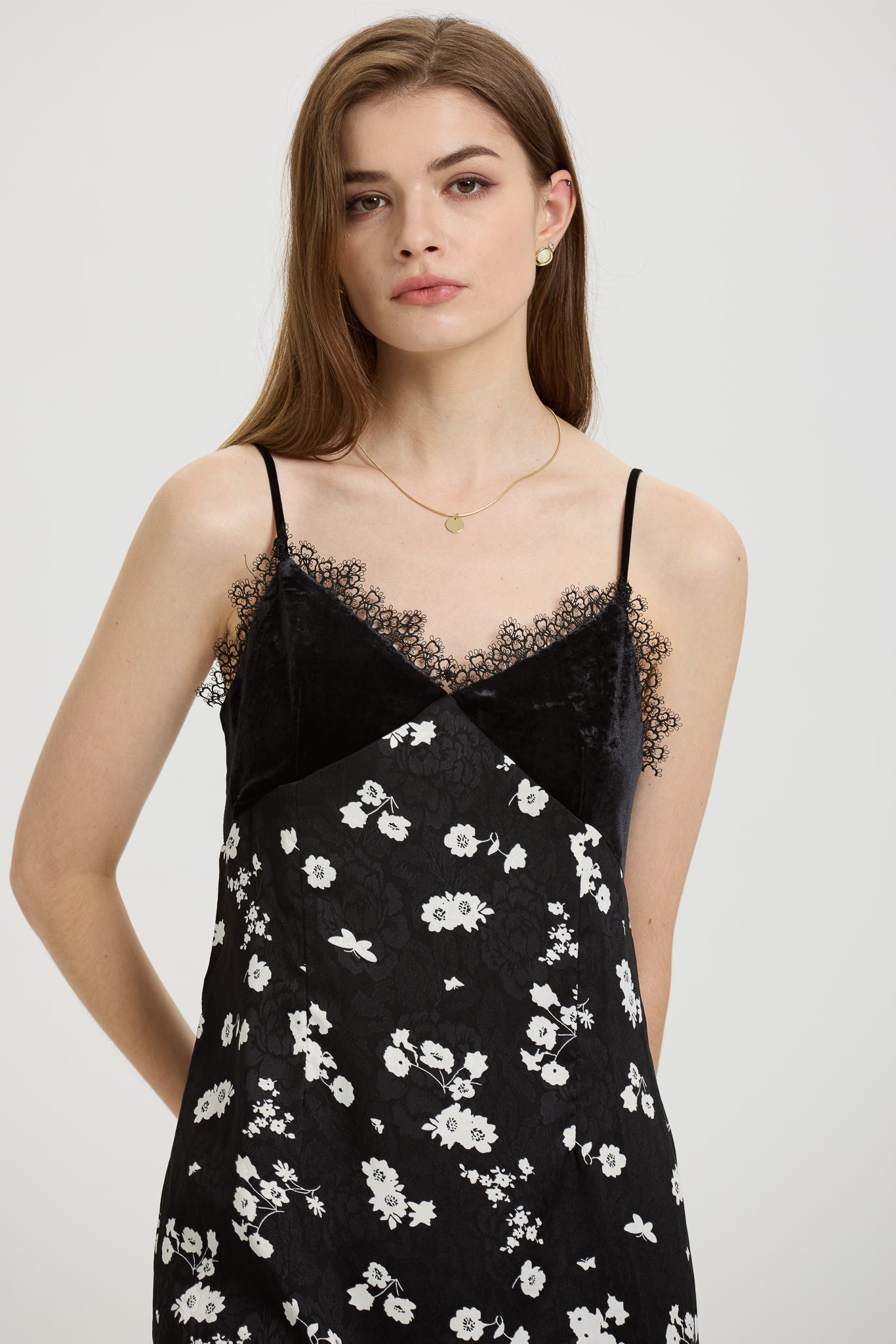 Black Floral Slip Dress with Lace Trim (2S-2M-2L)