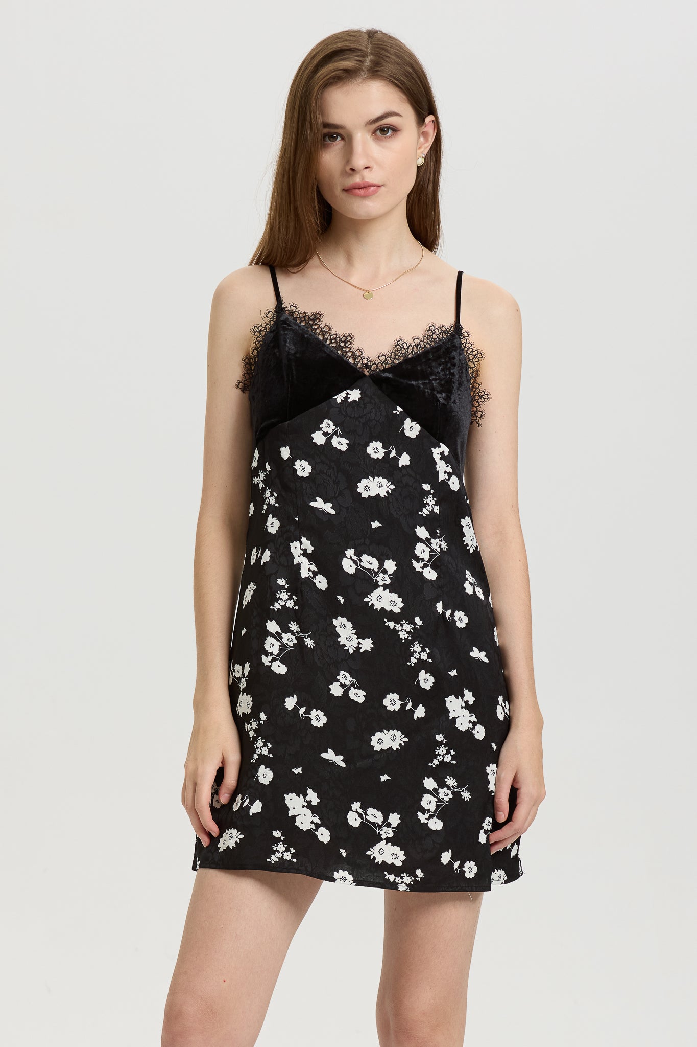 Black Floral Slip Dress with Lace Trim (2S-2M-2L)